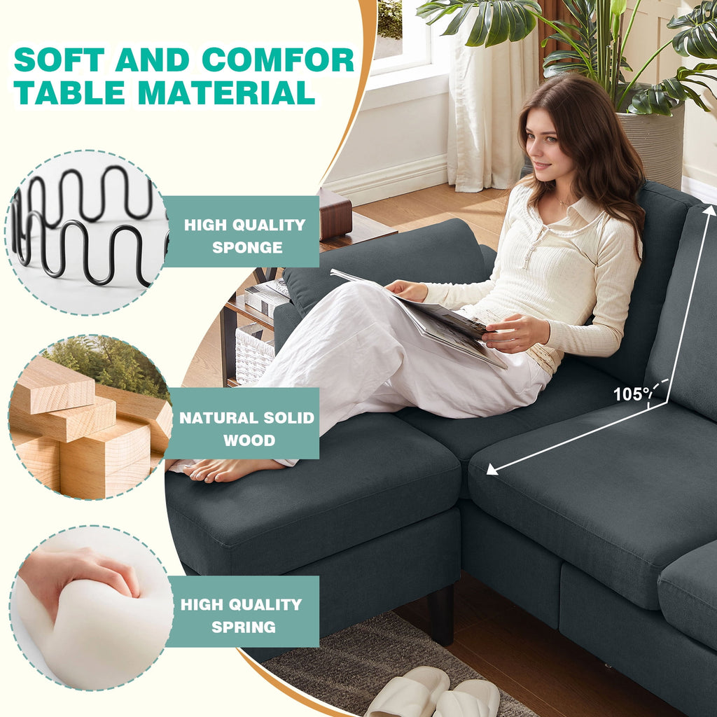 Jarenie 4 Piece Convertible Sectional Sofa Set, Modern Linen Small L Shaped Couch with Reversible Chaise, 3-Seater Sofa & Loveseat & Armchair for Living Room, Office, Apartment, Dark Grey