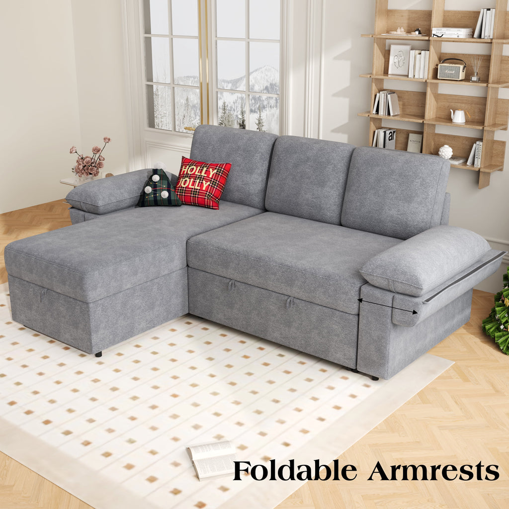 VANACC 91" Sectional Sofa Bed with Storage,Reversible Pull Out Sleeper Couch for Living Room,Grey