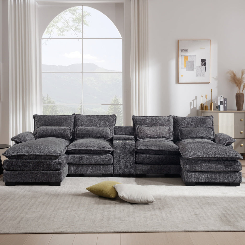 GNIXUU 124.8" U Shaped Cloud Couch with Chaise for Sleeper, Modern Sectional Couches for Living Room, Fluffy Chenille Couch with Console Plush Sofas for Apartment Dorm Office, Gray