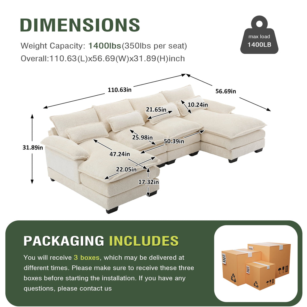 Villeston Modern U-Shape Sectional Sofa , 4 Seat Lounge Sleeper with Double Chaise for Living Room,Beige