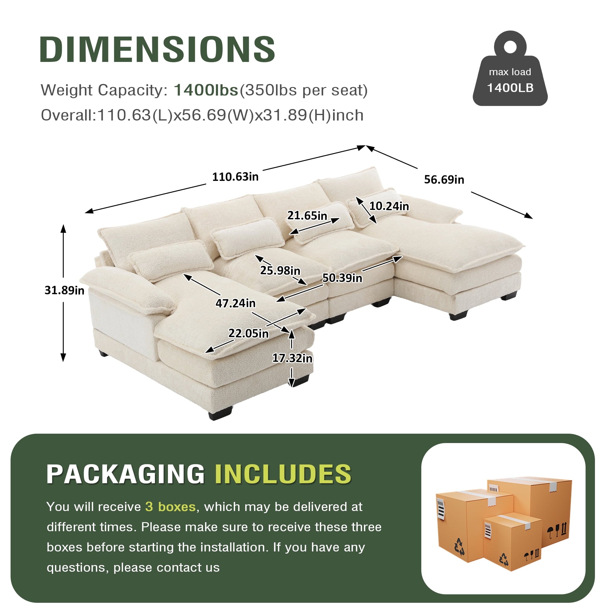 Villeston Modern U-Shape Sectional Sofa , 4 Seat Lounge Sleeper with Double Chaise for Living Room,Beige