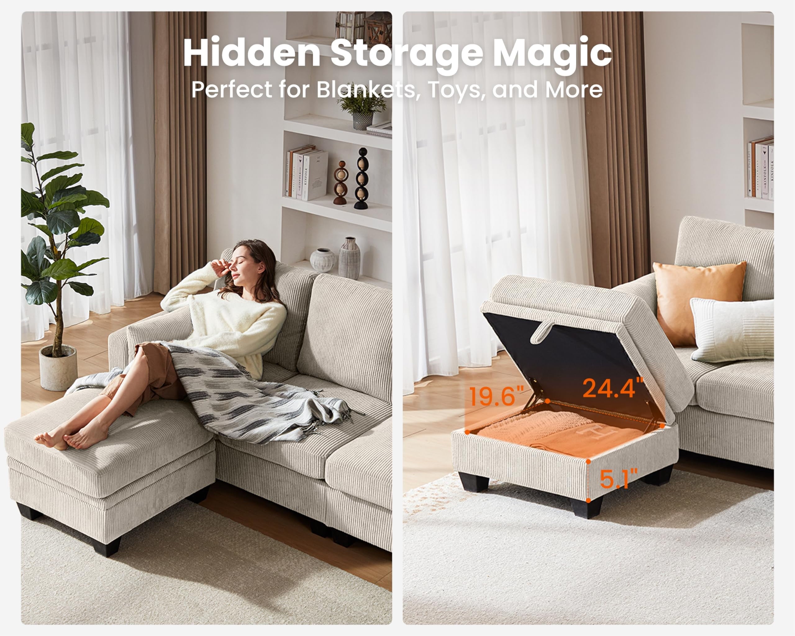 CHIC HOUSE 111" Sectional Sofa with Storage Ottoman Chaise, Corduroy U Shaped Sofa Convertible Sectional Couches for Living Room, 6 Seater Corner Modular Sofa with Deep Seat Throw Pillows,Beige