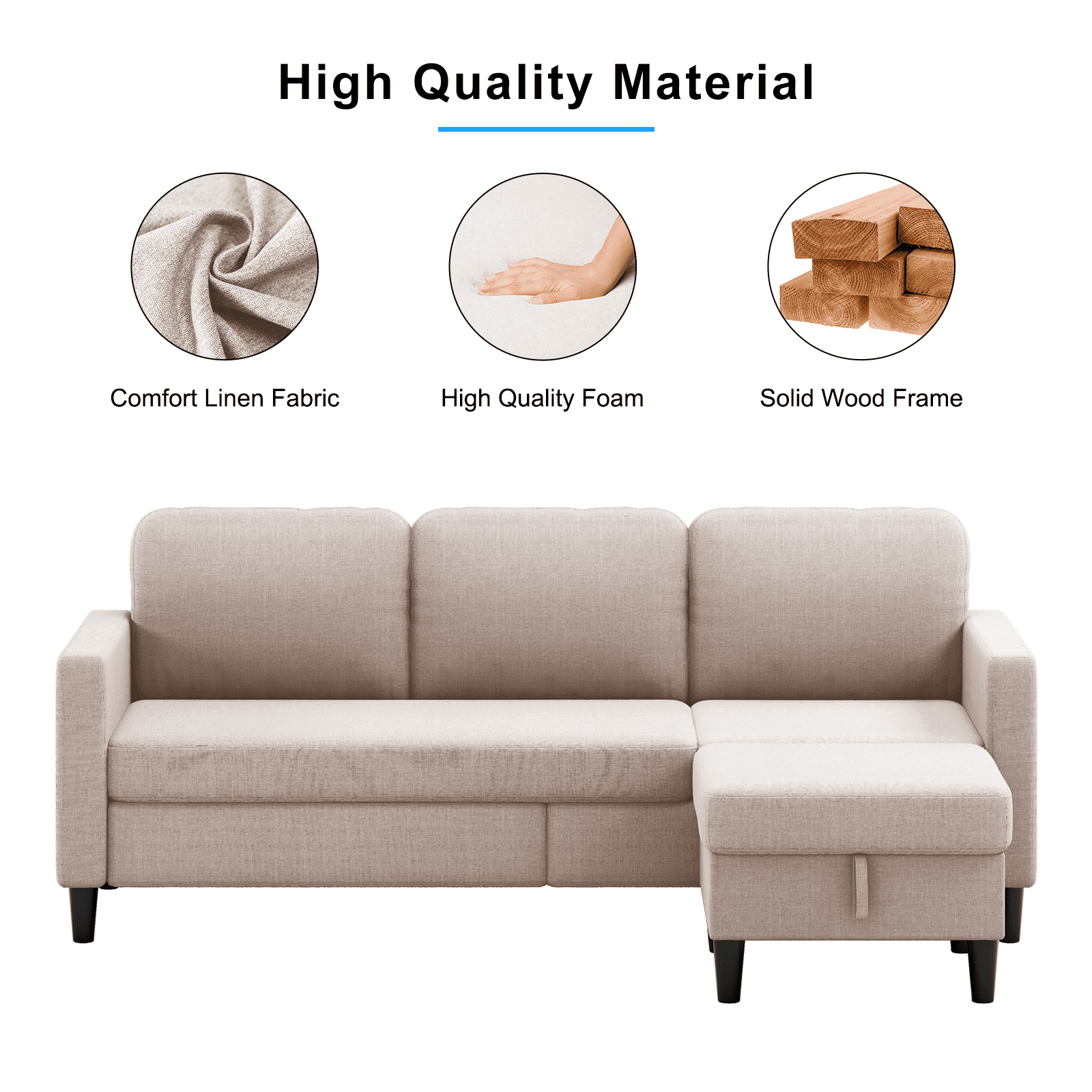 MUZZ Sectional Sofa with Movable Storage Ottoman, Small L-Shaped Sectional Couch for Living Room/Apartment/Small Space, Beige