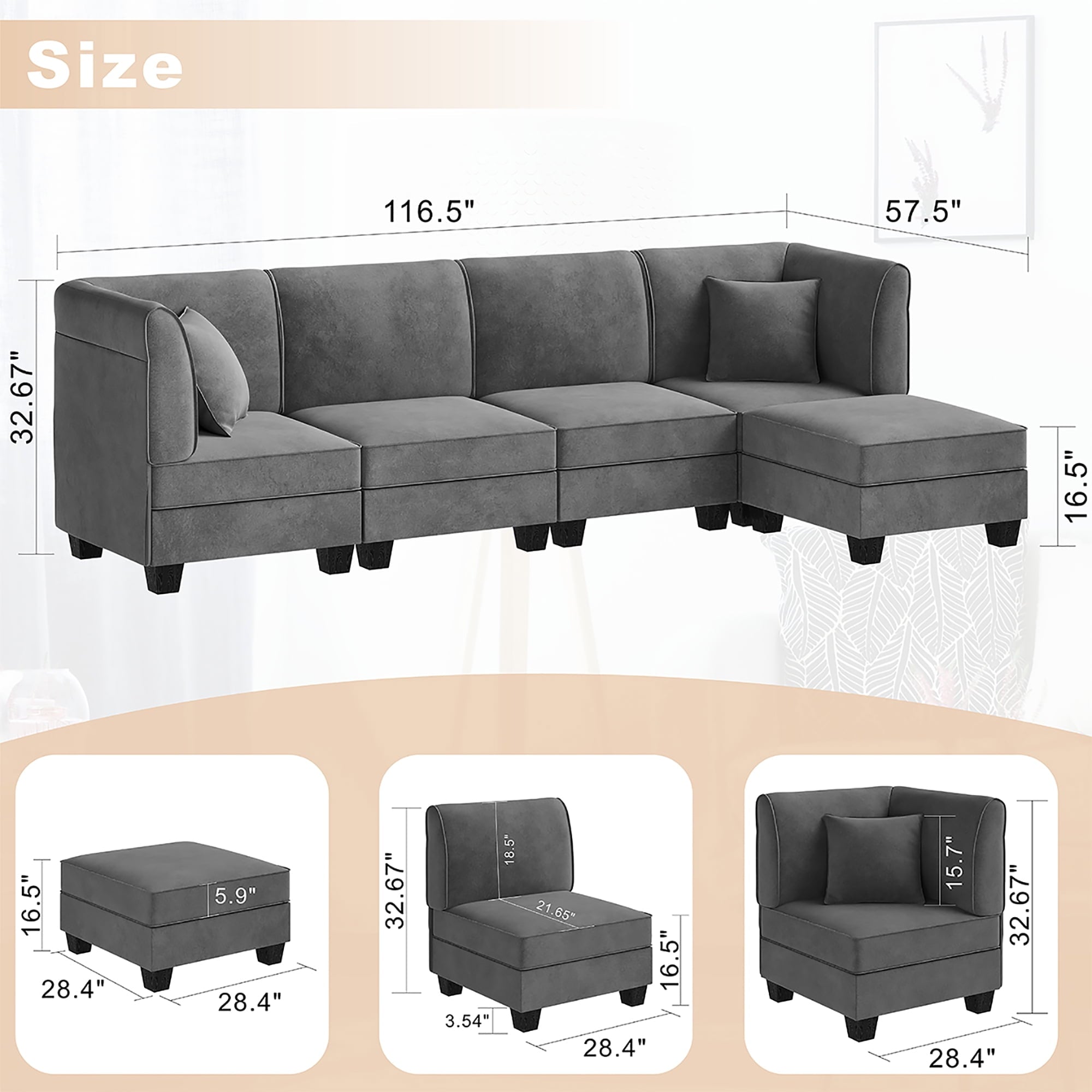 Sobaniilo 116" Sectional Sofa Couch with Reversible Chaise， Velvet L-Shaped Couch Sofa 4-seat Modular Large Sectional Couch with Ottoman for Living Room, Upholstered Cushion, Gray