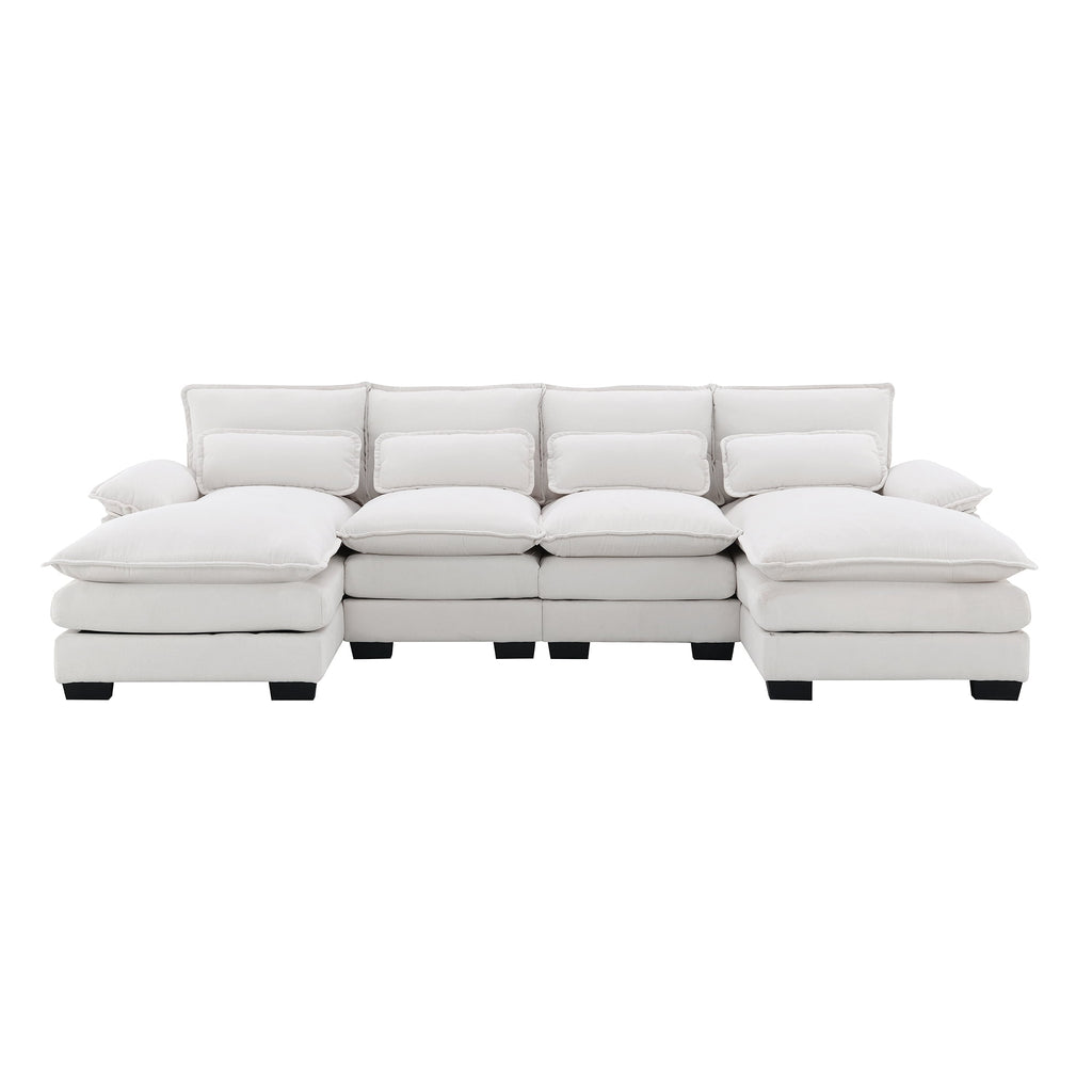 EUROCO 109.8” U-shaped Sectional Sofa Couch, 6-Seat Sofa  with Waist Pillows,Modern Chenille Modular Sofa Sleeper  with Double Chaise for Living Room, Apartment, White
