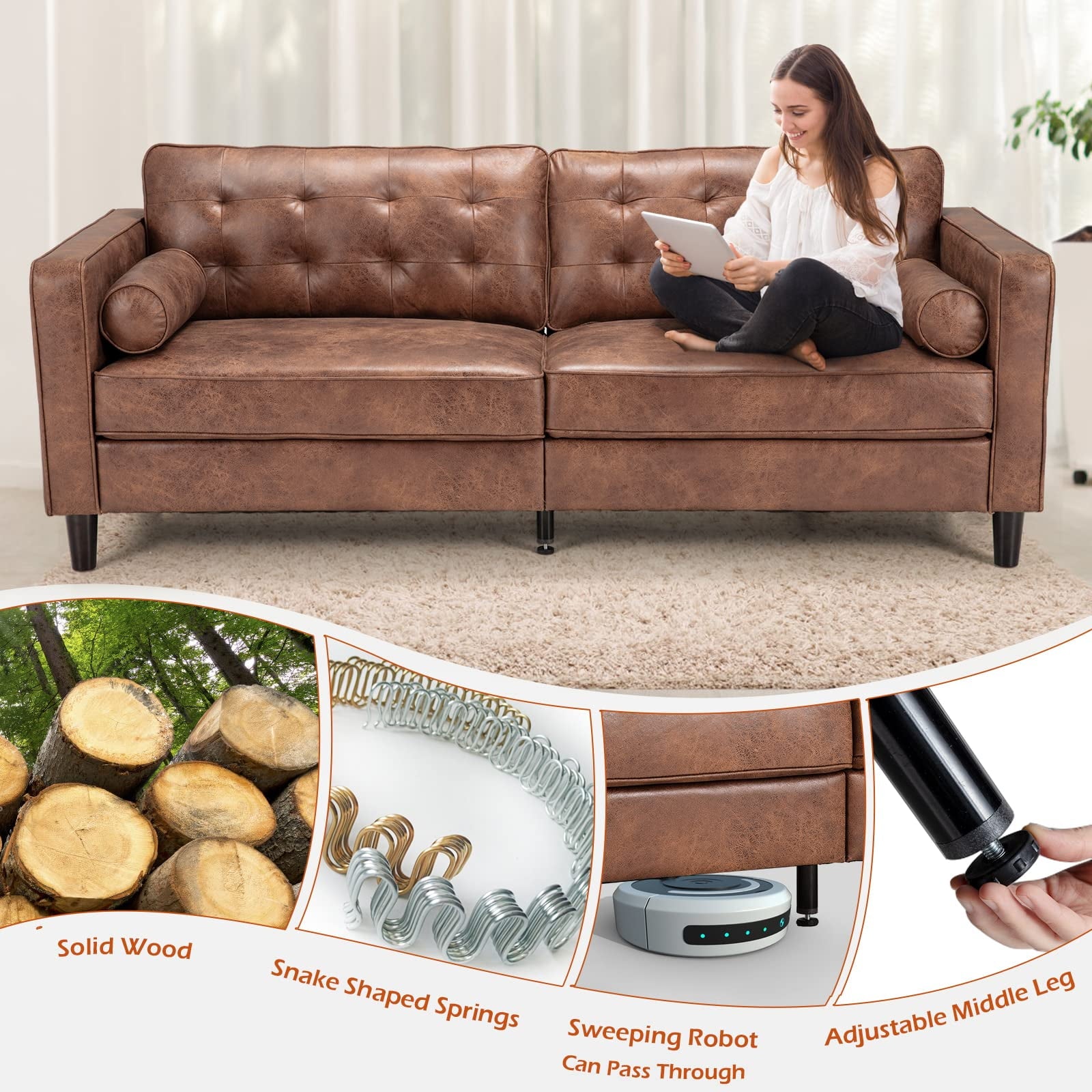 AECOJOY Leather Couch Sofa 84.2" Mid-Century Sectional Sofa 3 Seater Office Sofa on Clearance,Saddle Brown