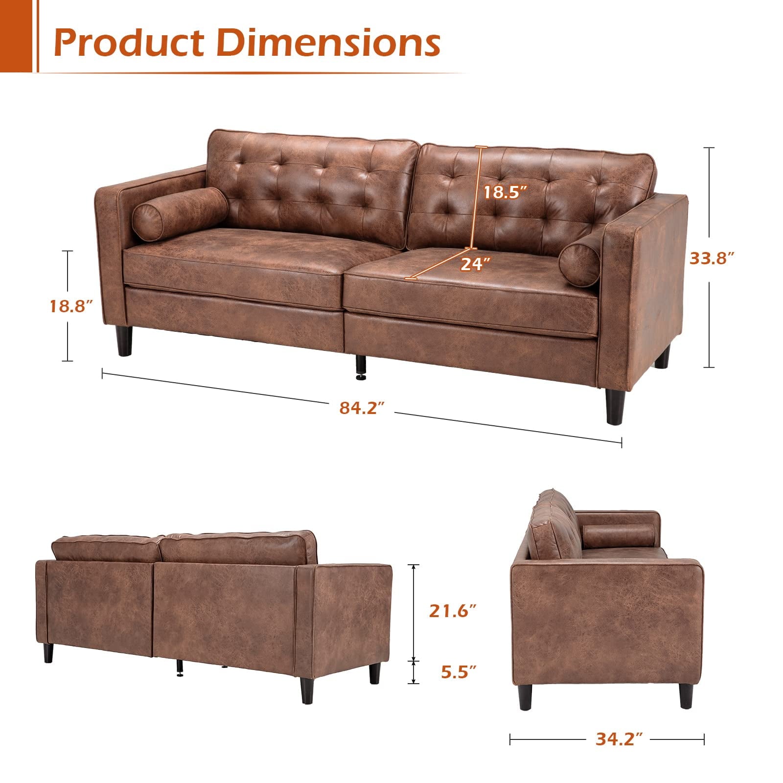 AECOJOY Leather Couch Sofa 84.2" Mid-Century Sectional Sofa 3 Seater Office Sofa on Clearance,Saddle Brown