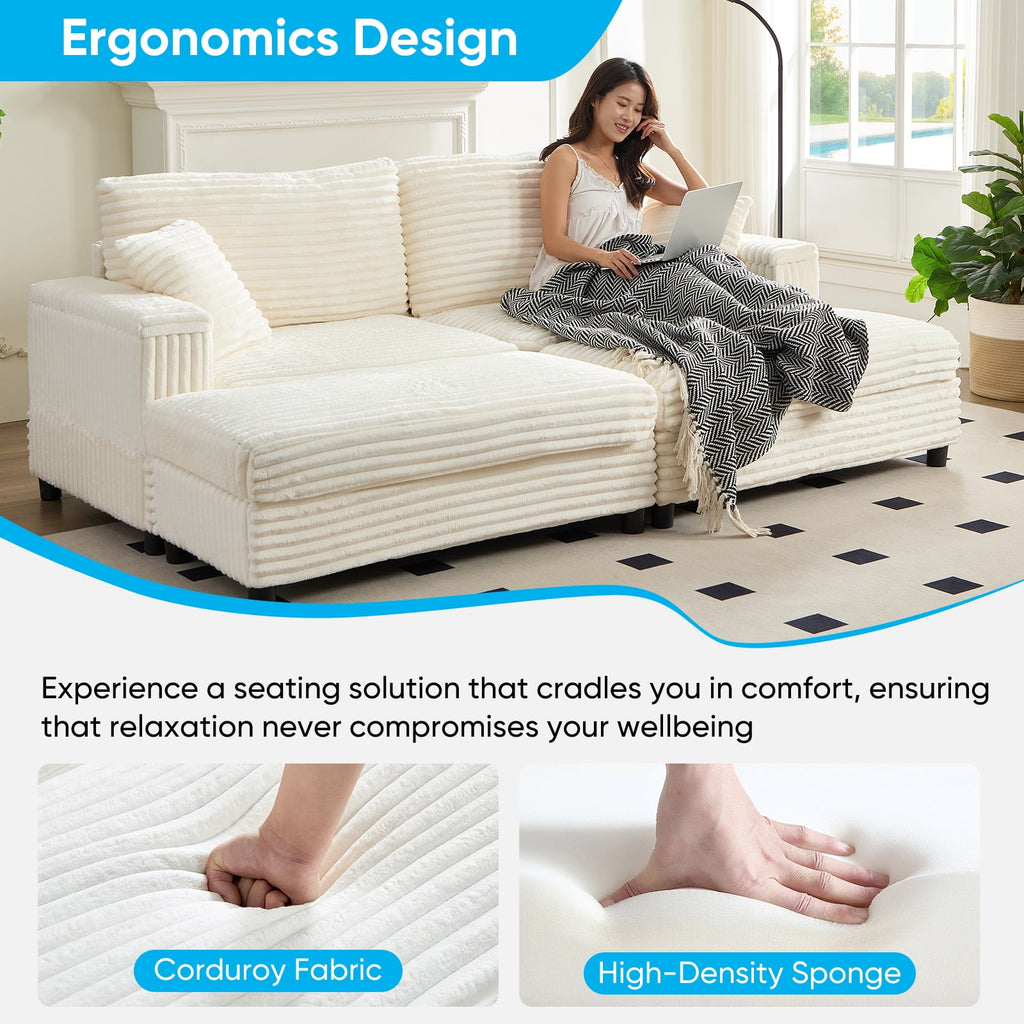 Mjkone 85’’ Loveseat Sectional Sofa with 2 Ottoman,Corduroy Deep Seat Couch with Storage Armrests Living Room Furniture,Beige