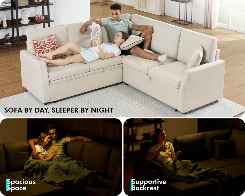 VANACC Sofa Bed, 85 Inch Sleeper Sofa with Pull Out Sofa Bed, L Shaped Couch with Storage Seat, Sectional Couches for Living Room Apartment, Beige Linen Sofa Couch