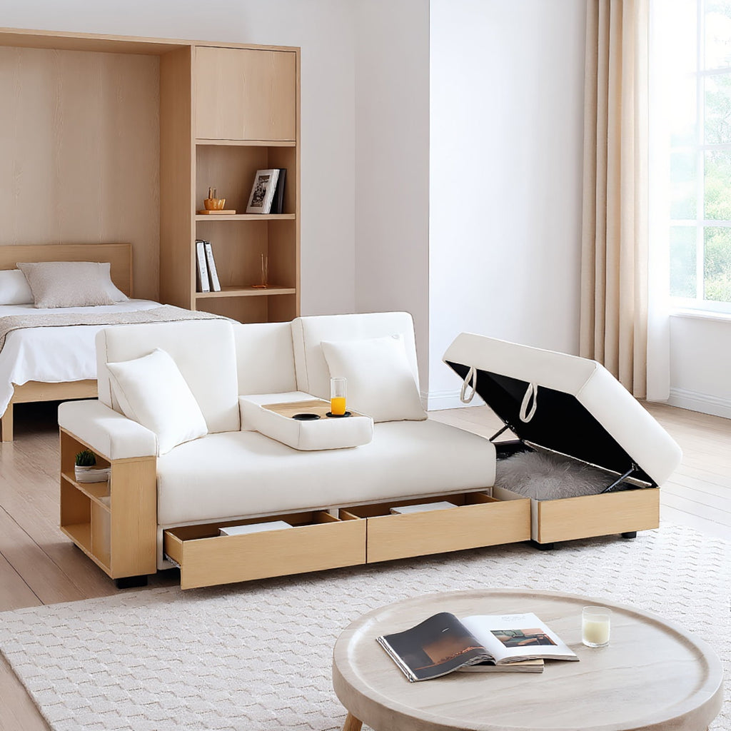 Resenkos Convertible Sleeper Sofa Couch, Double Folding Sofa Bed, Storage Ottoman, Arm Box/Drawer, Drop-Down Table - Beige