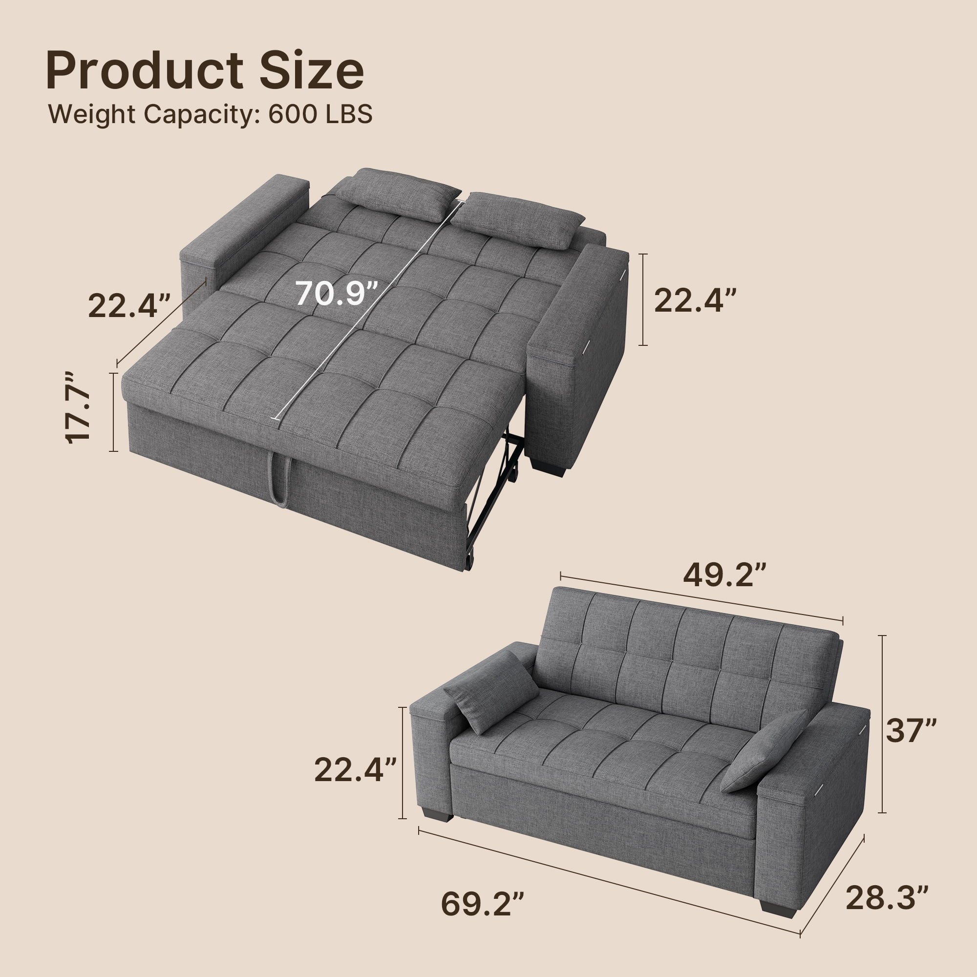 70.9' Sofa Bed, Lofka Convertible 3-in-1 Sleeper Sofa for Living Room and Small Space,Dark Grey