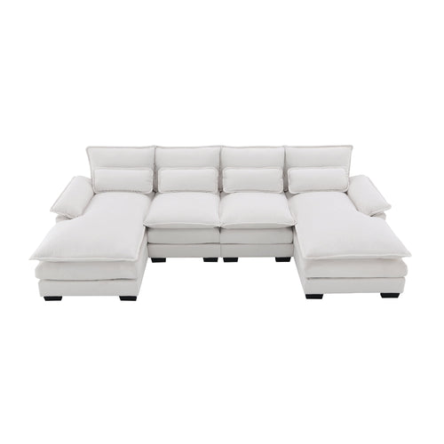 EUROCO 109.8” U-shaped Sectional Sofa Couch, 6-Seat Sofa  with Waist Pillows,Modern Chenille Modular Sofa Sleeper  with Double Chaise for Living Room, Apartment, White