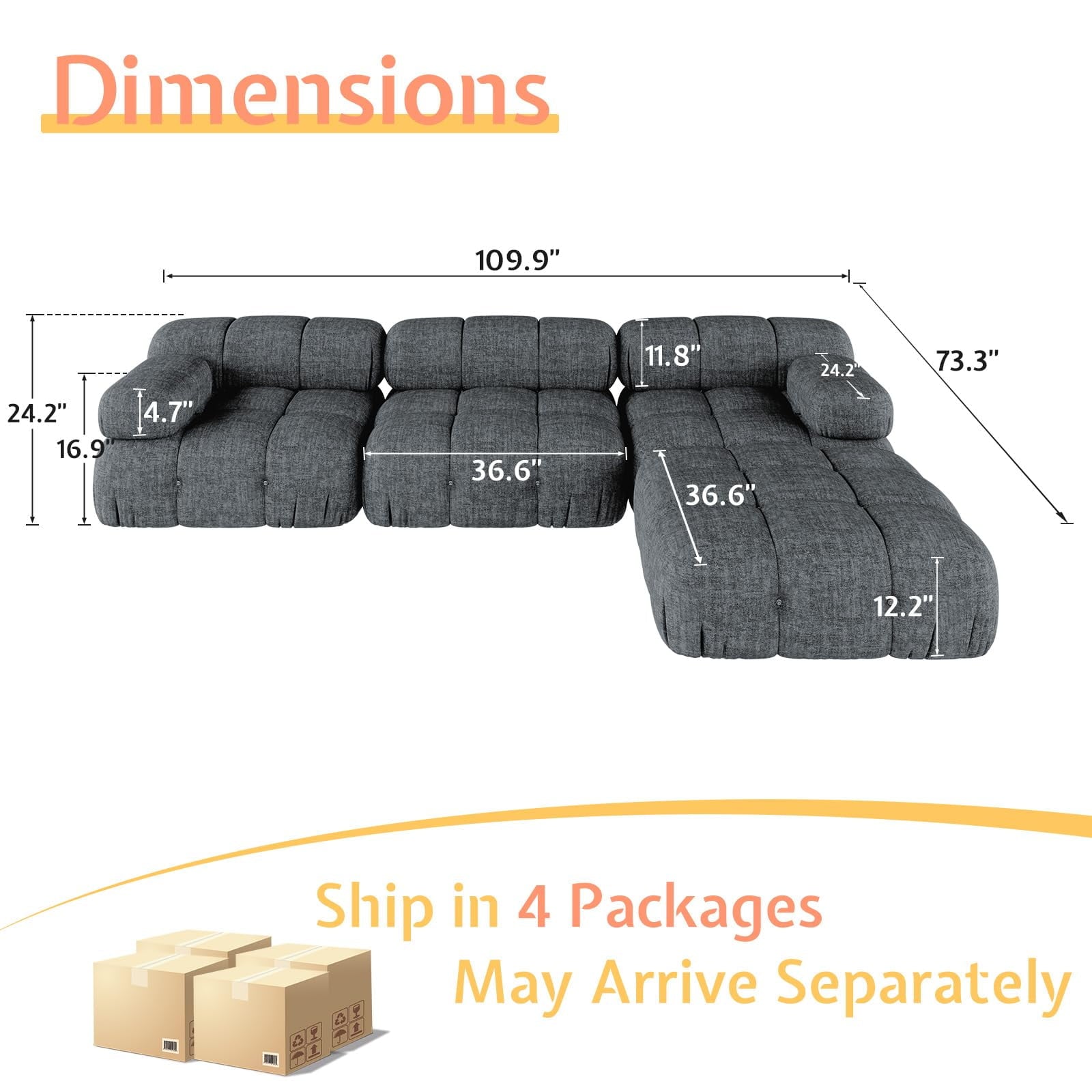 Roomy Homy Modular Sectional Couches for Living Room, L Shaped Compression Sofa with 4 Seater,Gray