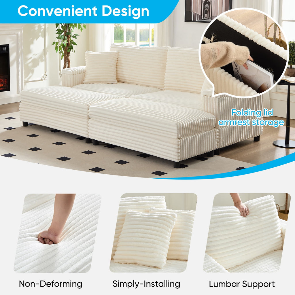 Mjkone 85’’ Loveseat Sectional Sofa with 2 Ottoman,Corduroy Deep Seat Couch with Storage Armrests Living Room Furniture,Beige