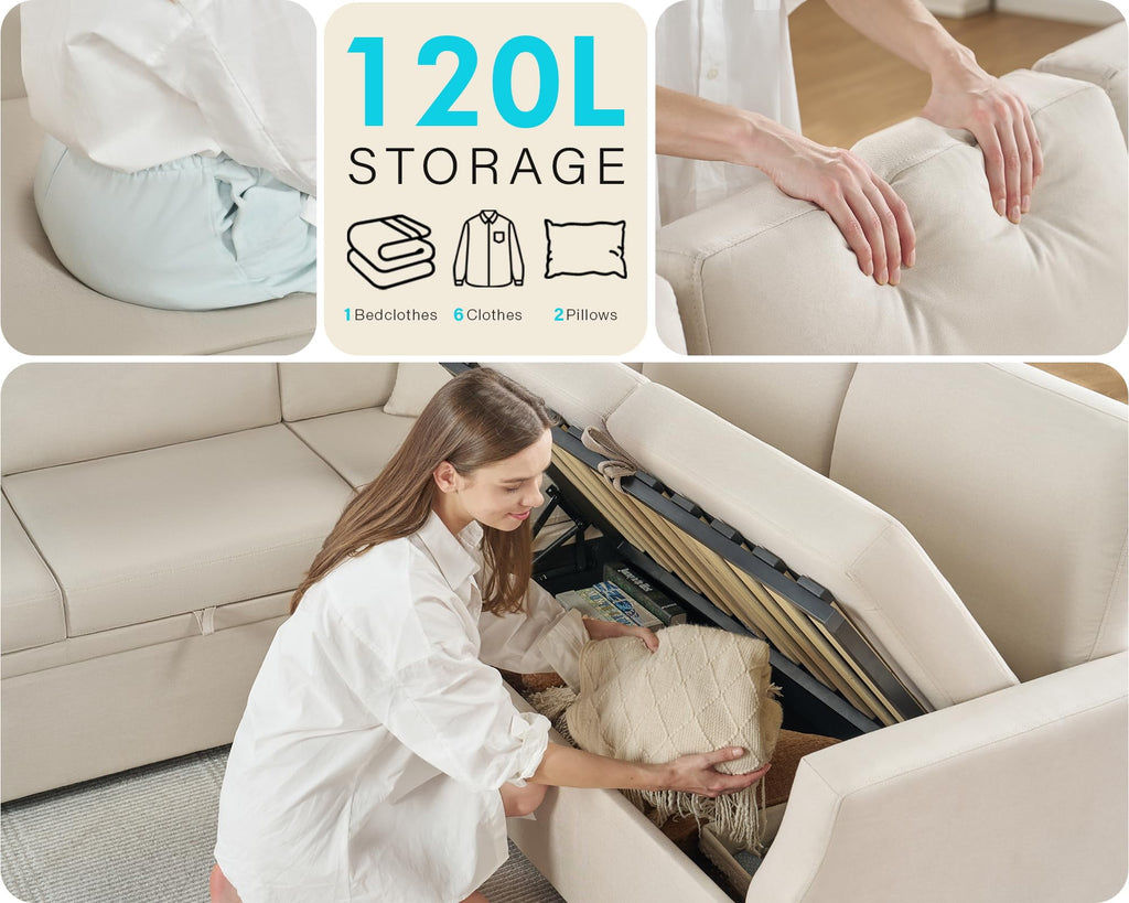 VANACC Sofa Bed, 85 Inch Sleeper Sofa with Pull Out Sofa Bed, L Shaped Couch with Storage Seat, Sectional Couches for Living Room Apartment, Beige Linen Sofa Couch