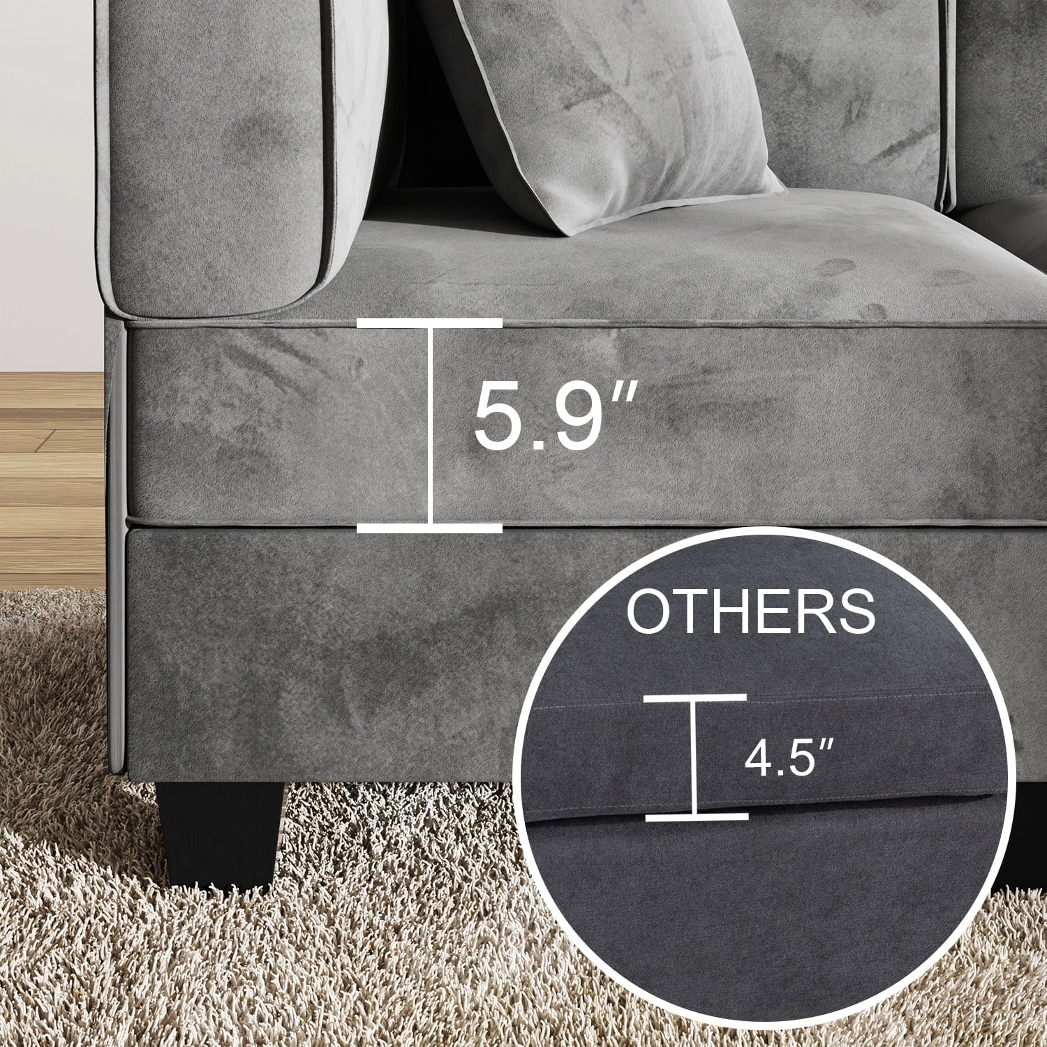 Sobaniilo 116" Sectional Sofa Couch with Reversible Chaise， Velvet L-Shaped Couch Sofa 4-seat Modular Large Sectional Couch with Ottoman for Living Room, Upholstered Cushion, Gray