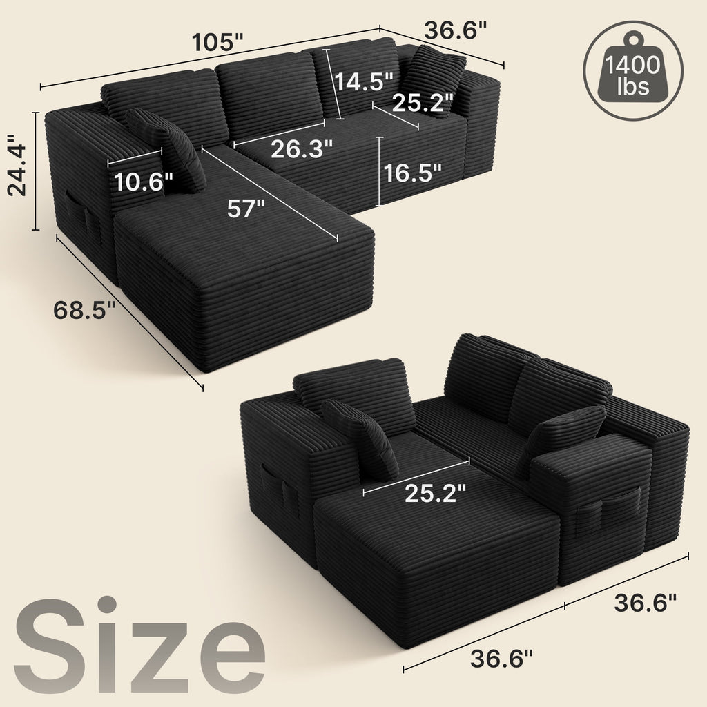 Modular Sectional Sofa, Lofka 105" Cloud Boneless Couch with L-Shape Chaise, No-Assembly Corduroy Couches for Living Room, Bedroom, Black Couch