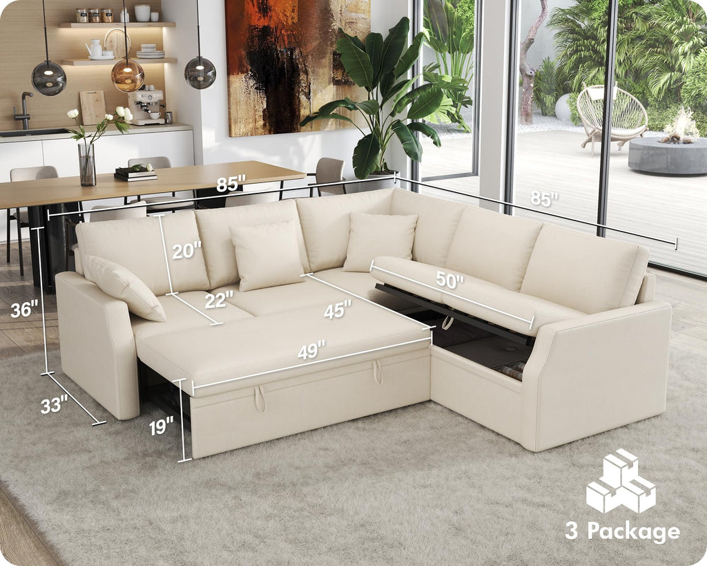 VANACC Sofa Bed, 85 Inch Sleeper Sofa with Pull Out Sofa Bed, L Shaped Couch with Storage Seat, Sectional Couches for Living Room Apartment, Beige Linen Sofa Couch