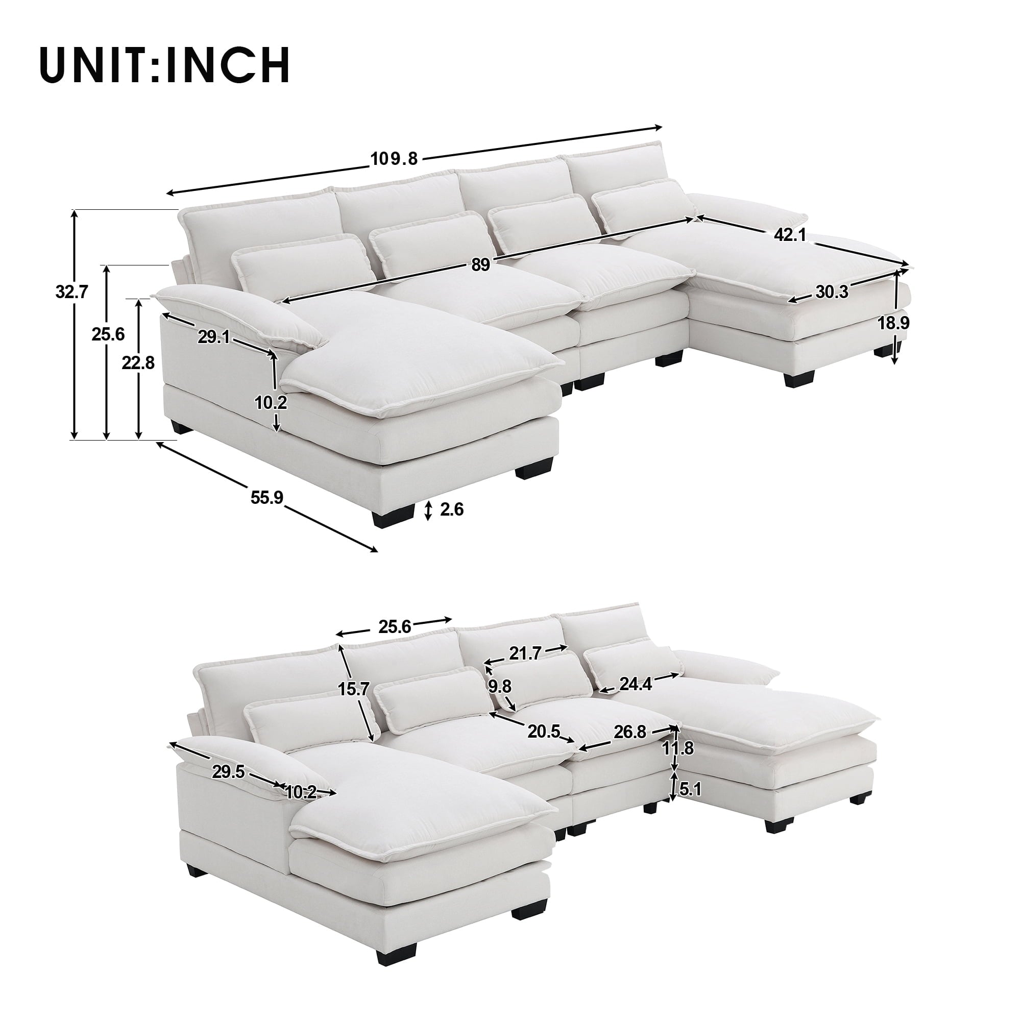 EUROCO 109.8” U-shaped Sectional Sofa Couch, 6-Seat Sofa  with Waist Pillows,Modern Chenille Modular Sofa Sleeper  with Double Chaise for Living Room, Apartment, White