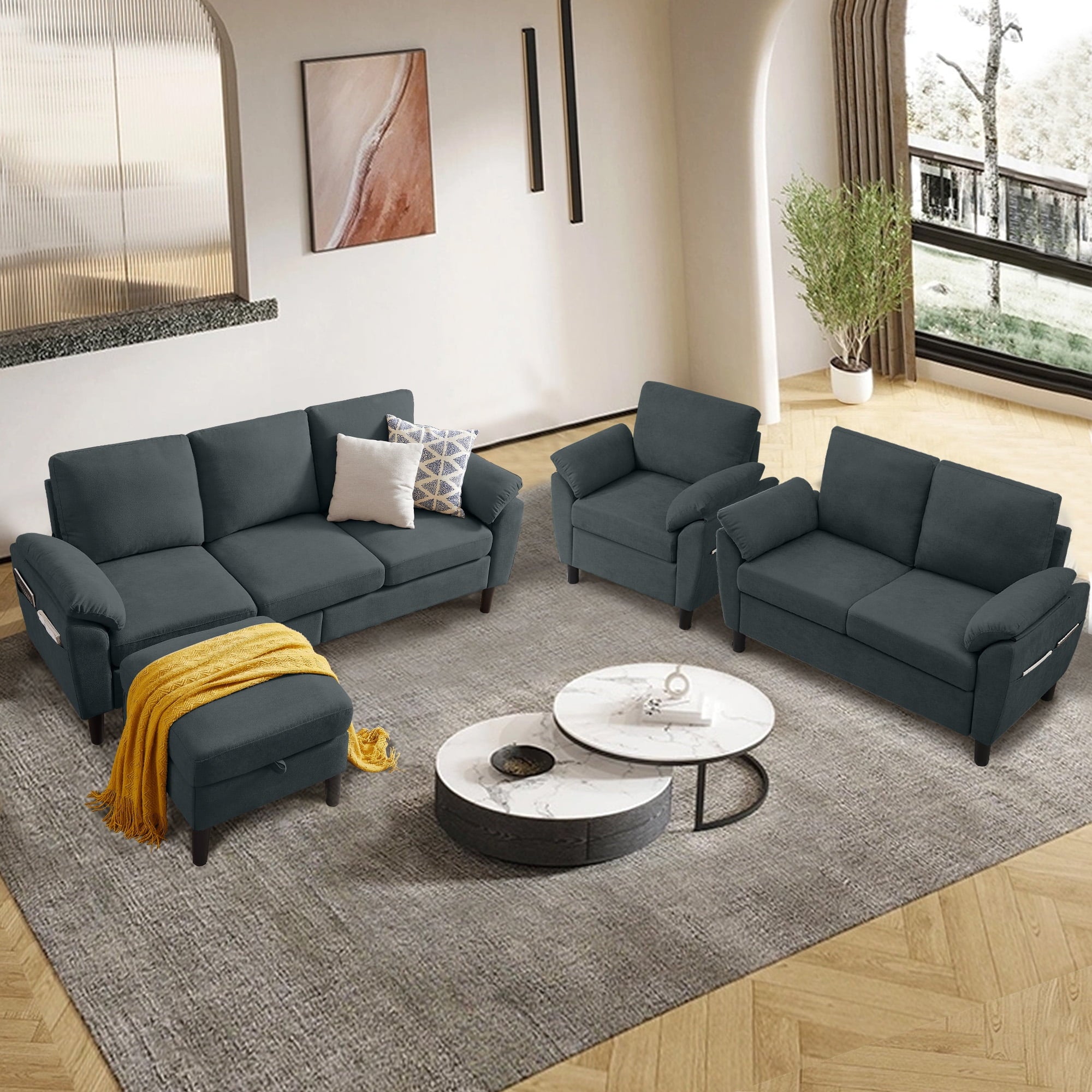 Jarenie 4 Piece Convertible Sectional Sofa Set, Modern Linen Small L Shaped Couch with Reversible Chaise, 3-Seater Sofa & Loveseat & Armchair for Living Room, Office, Apartment, Dark Grey