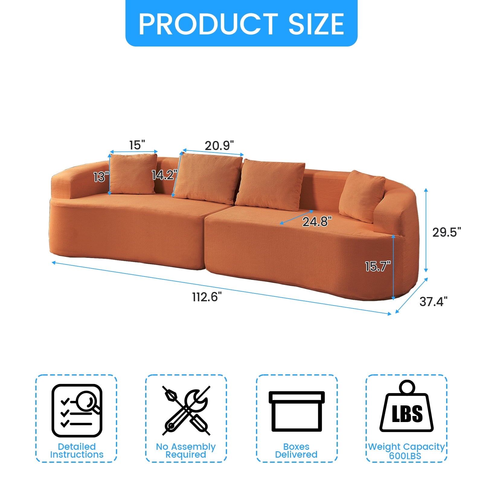 ZAFLY 113”w Oversized Sofa, Deep Seat Cloud Couch with 4 Cushions, Modern Curved Couch for Living Room, No Assembly Required - Orange