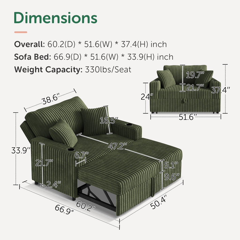 HONBAY Green 52” 3-in-1 Convertible Pull-Out Sofa Bed Sleeper Loveseat with Reclining Backrest, Built-in Cup Holders, Pet-Friendly Corduroy Sofa for Small Space