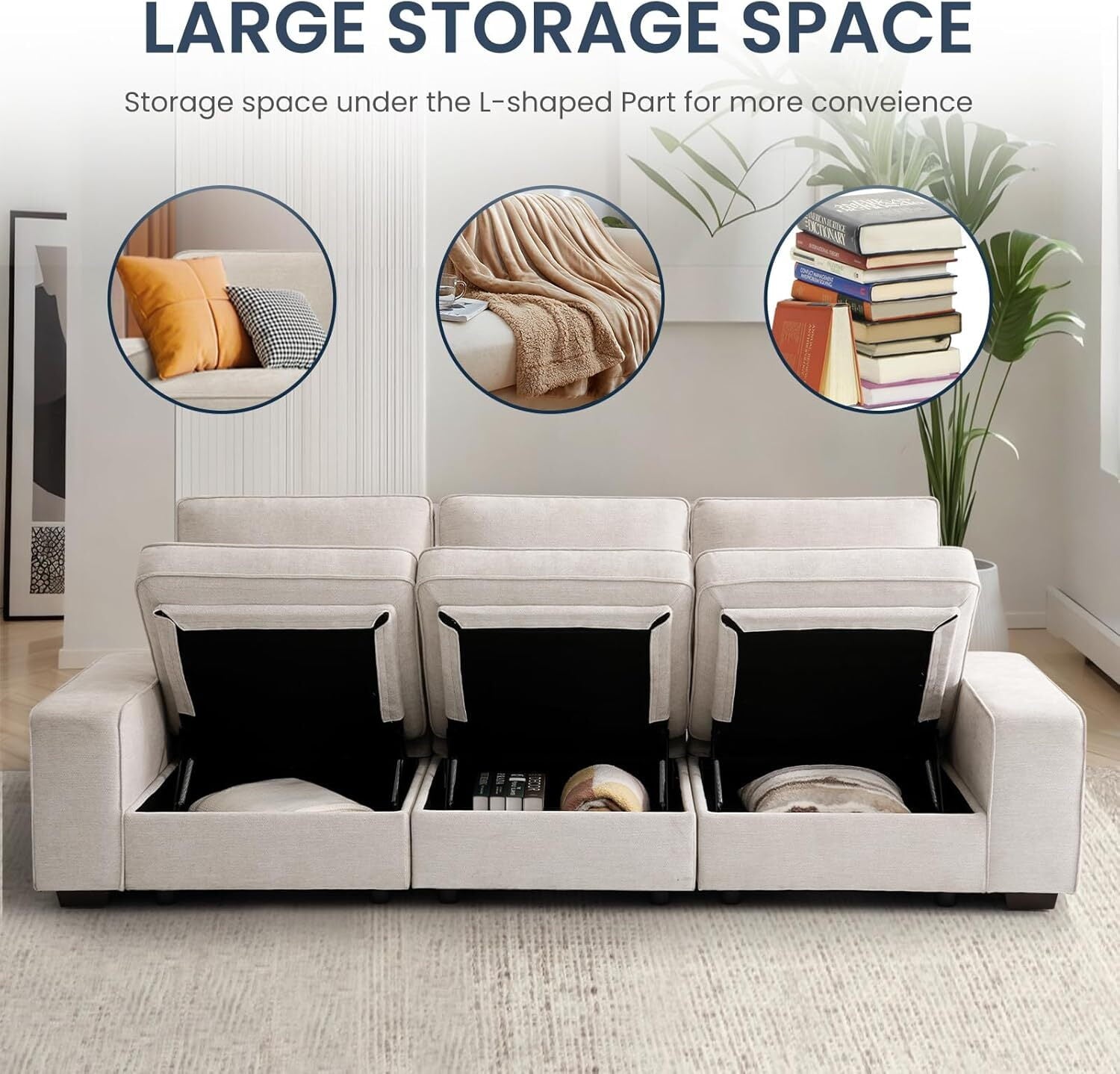 INGALIK 73"-128" Modern Modular Sofa with Seats Storage, Oversized 2-Seater Sectional Couch with Removable Cover, Side Pockets, USB Type-C Ports (Beige)