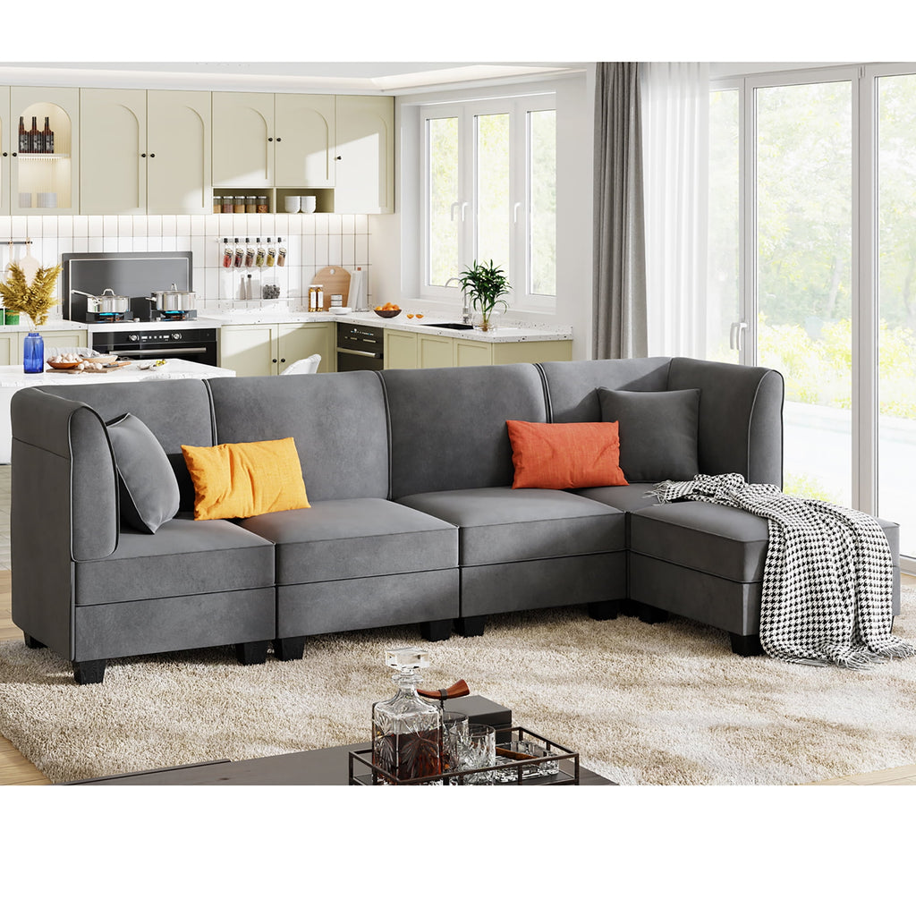 Sobaniilo 116" Sectional Sofa Couch with Reversible Chaise， Velvet L-Shaped Couch Sofa 4-seat Modular Large Sectional Couch with Ottoman for Living Room, Upholstered Cushion, Gray