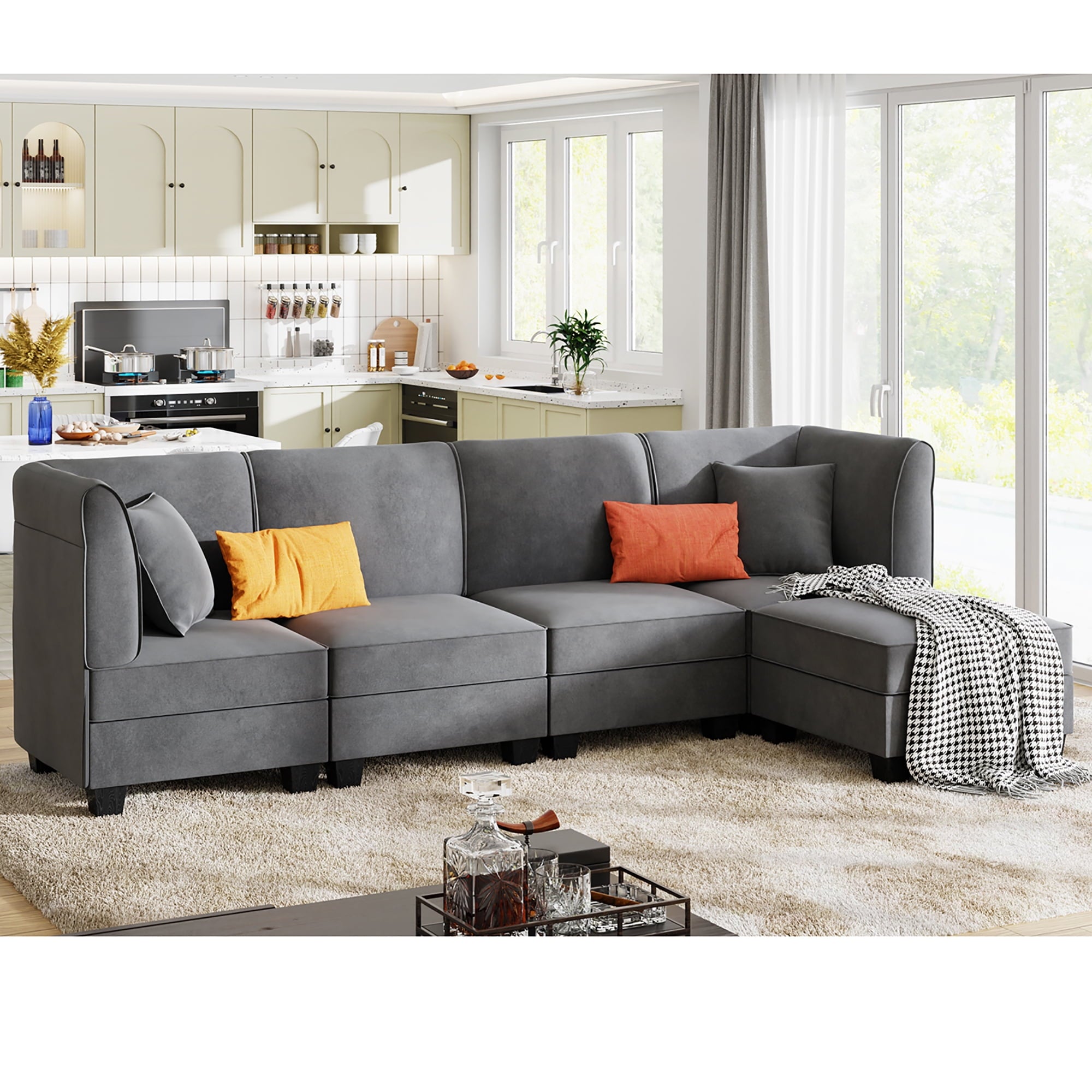 Sobaniilo 116" Sectional Sofa Couch with Reversible Chaise， Velvet L-Shaped Couch Sofa 4-seat Modular Large Sectional Couch with Ottoman for Living Room, Upholstered Cushion, Gray