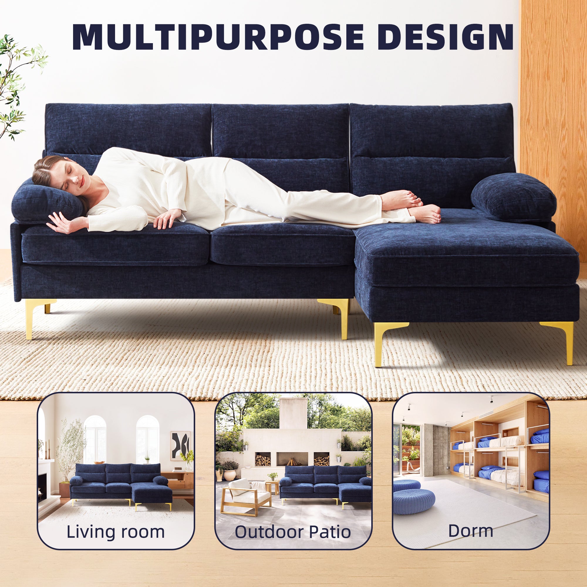 BedLuxury 85'' Sectional Sofa for Living Room,L Shape Couch 3 Seater Comfy Sofa with Reversible Chaise for Apartment, Small Space,Blue