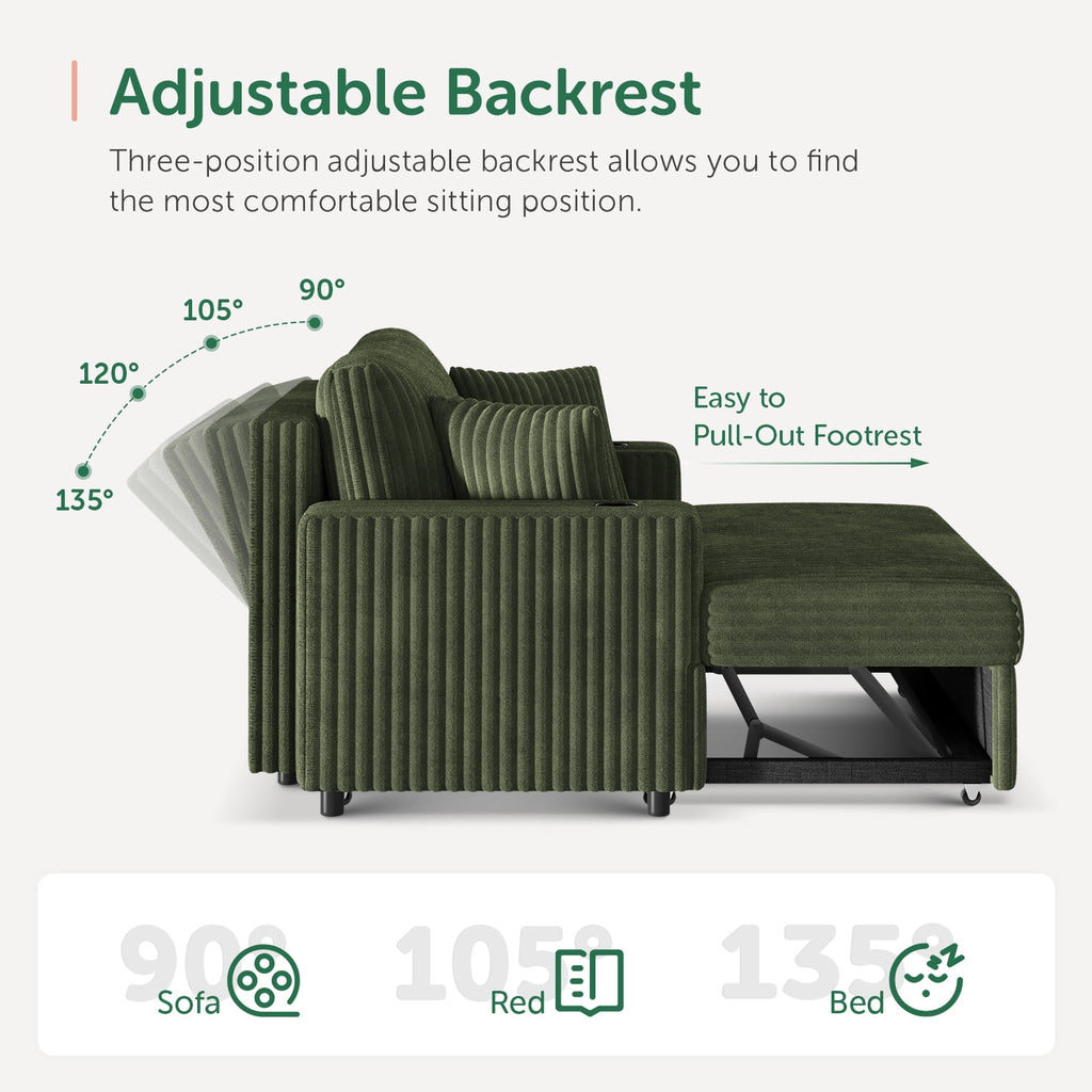 HONBAY Green 52” 3-in-1 Convertible Pull-Out Sofa Bed Sleeper Loveseat with Reclining Backrest, Built-in Cup Holders, Pet-Friendly Corduroy Sofa for Small Space