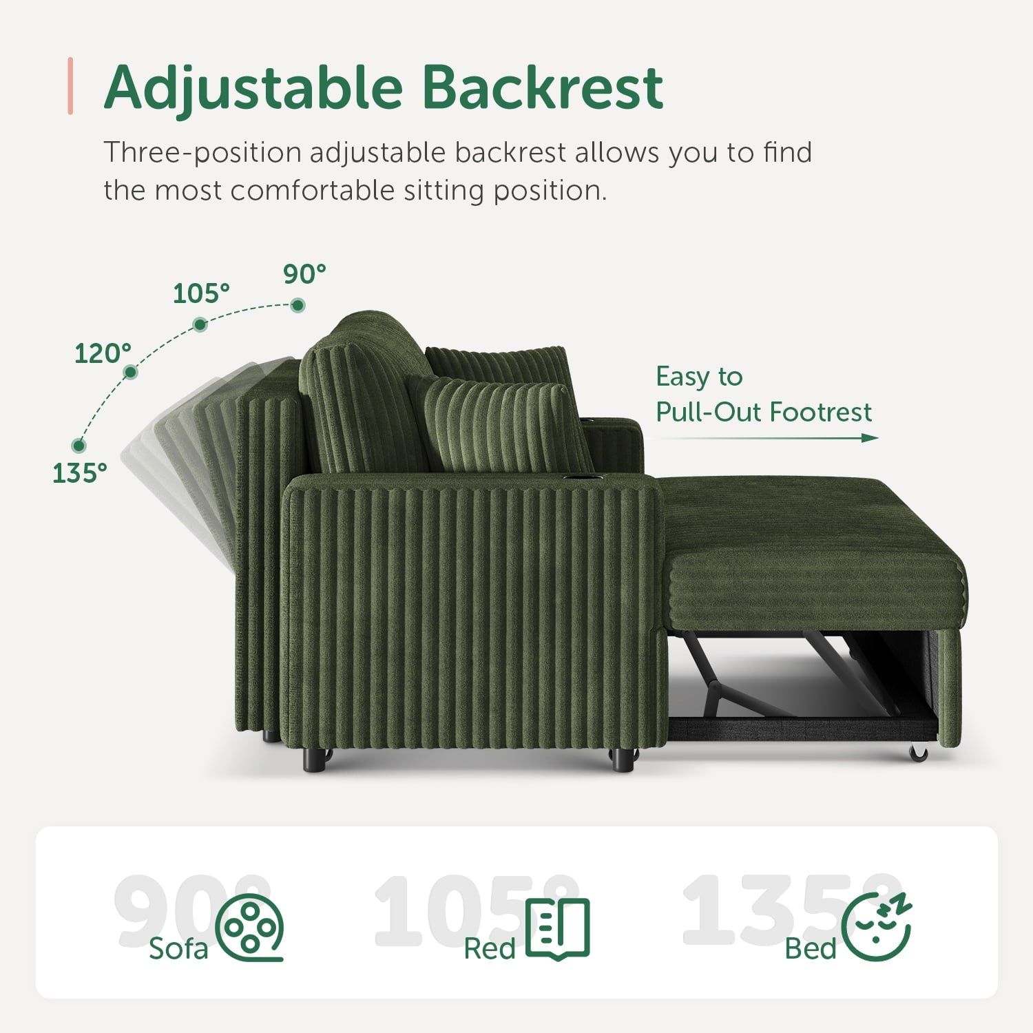 HONBAY Green 52” 3-in-1 Convertible Pull-Out Sofa Bed Sleeper Loveseat with Reclining Backrest, Built-in Cup Holders, Pet-Friendly Corduroy Sofa for Small Space