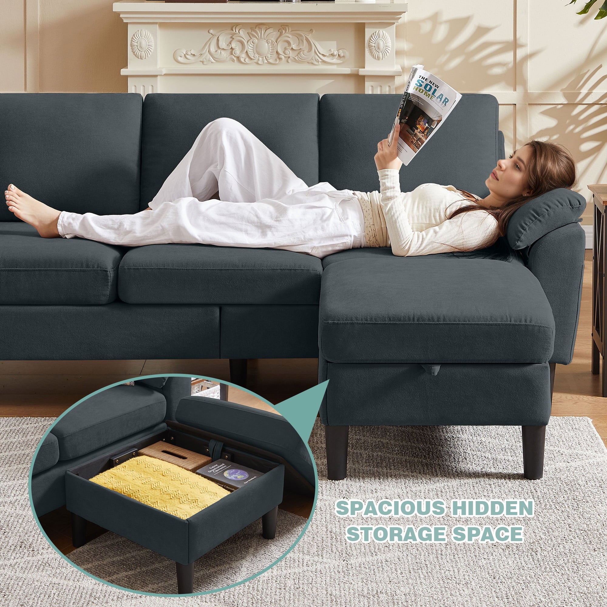 Jarenie 4 Piece Convertible Sectional Sofa Set, Modern Linen Small L Shaped Couch with Reversible Chaise, 3-Seater Sofa & Loveseat & Armchair for Living Room, Office, Apartment, Dark Grey