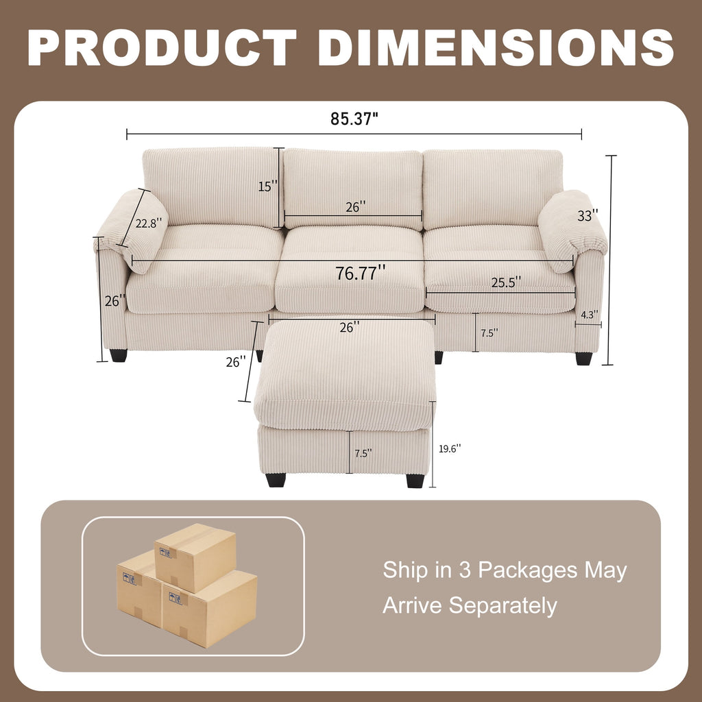 JUSTLET Modular Sectional Sofa, L Shaped Corduroy Sofa Couch, Modular Sectionals with Ottomans, 4 Seat Sofa Couch with Chaise for Living Room Bedroom, Beige