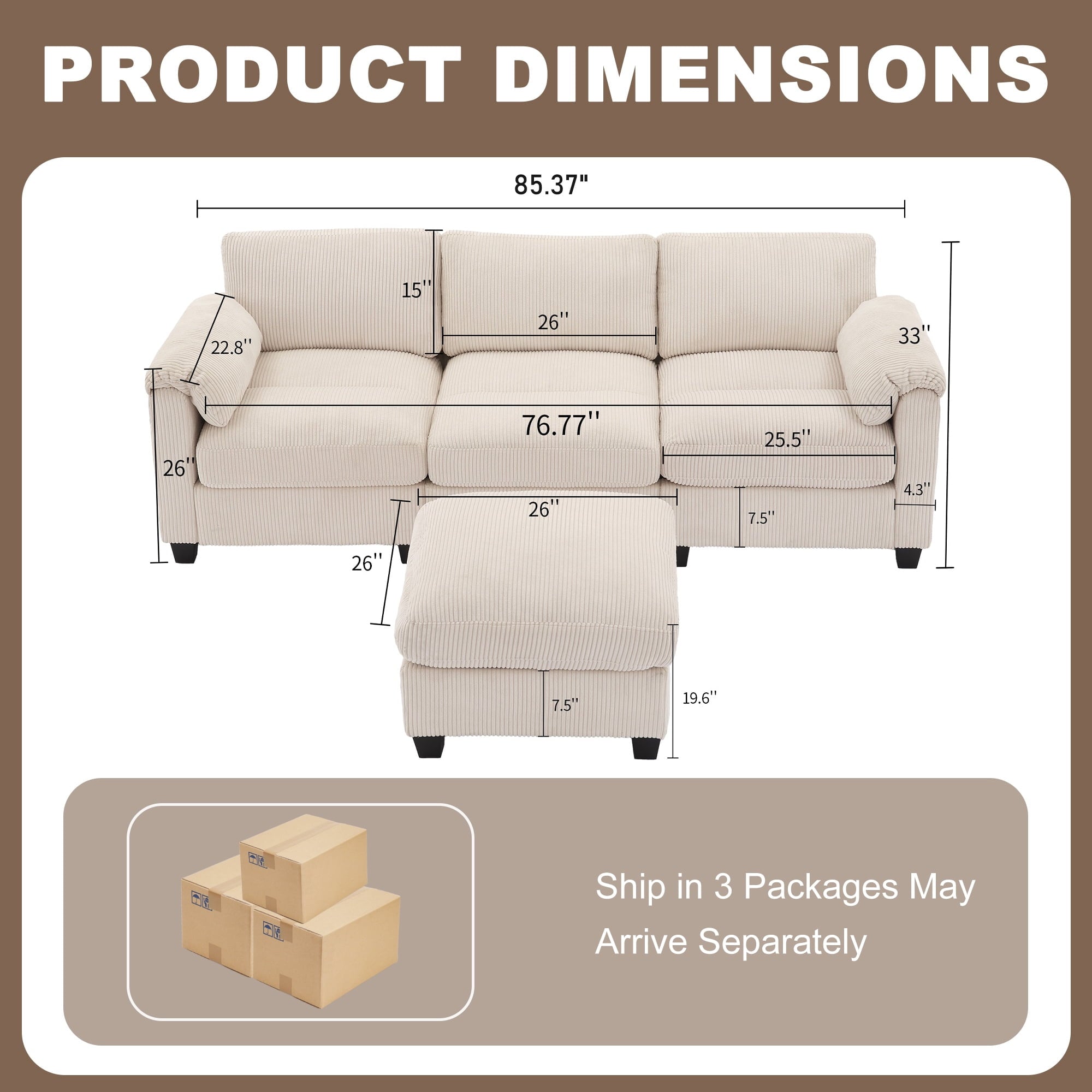 JUSTLET Modular Sectional Sofa, L Shaped Corduroy Sofa Couch, Modular Sectionals with Ottomans, 4 Seat Sofa Couch with Chaise for Living Room Bedroom, Beige