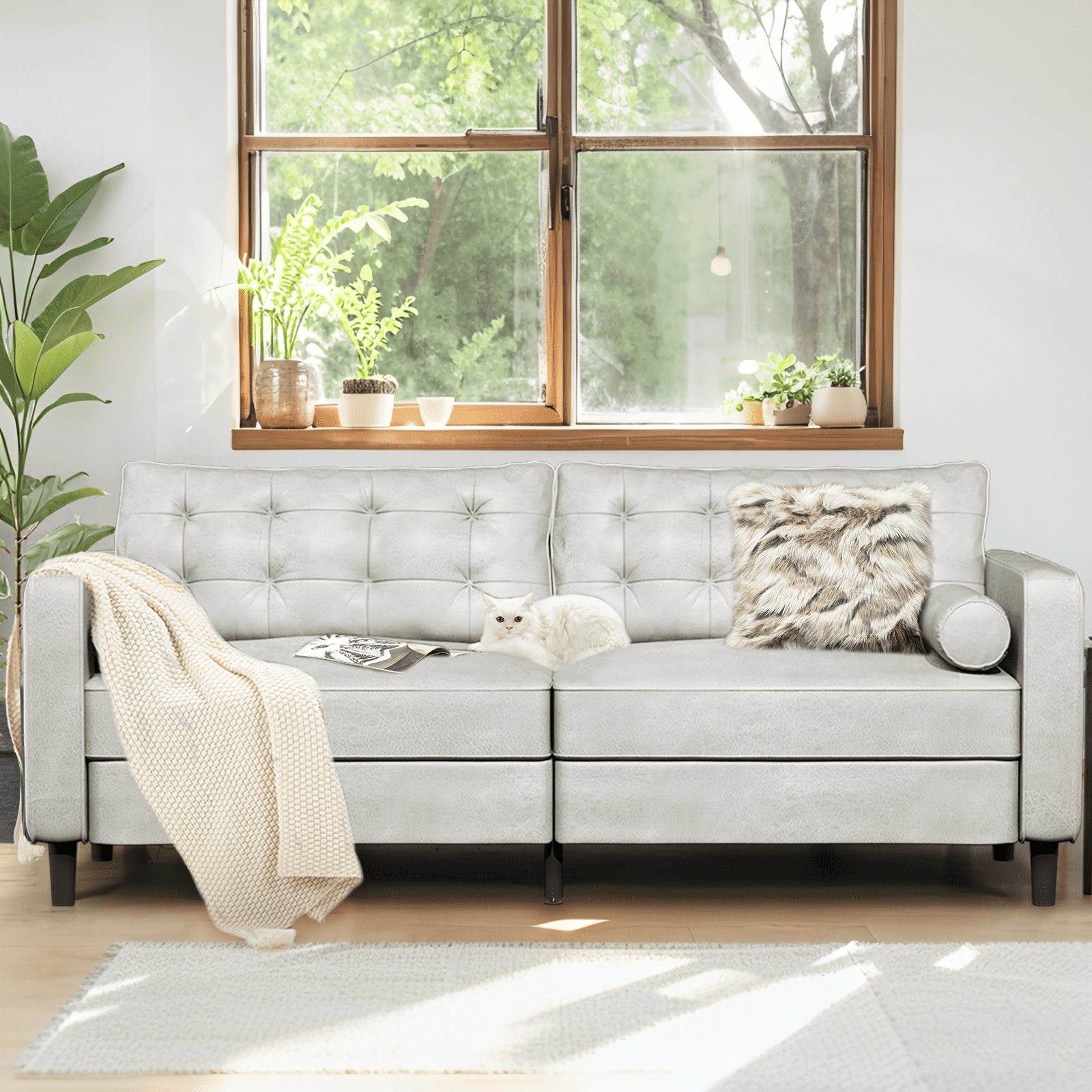 AECOJOY Leather Couch Sofa 84.2" Mid-Century Sectional Sofa 3 Seater Office Sofa on Clearance,Saddle Brown