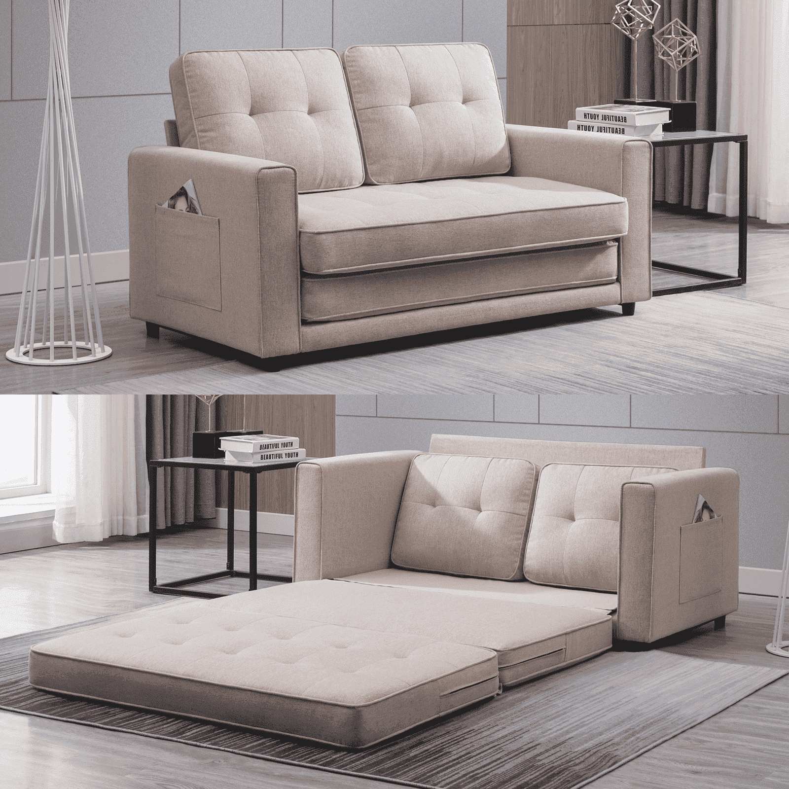 BALUS Loveseat Sleeper Sofa, 55.5"*84.5" Convertible Futon Sofa Bed with Pull out Couch, Folding couch bed,Linen, Light Grey