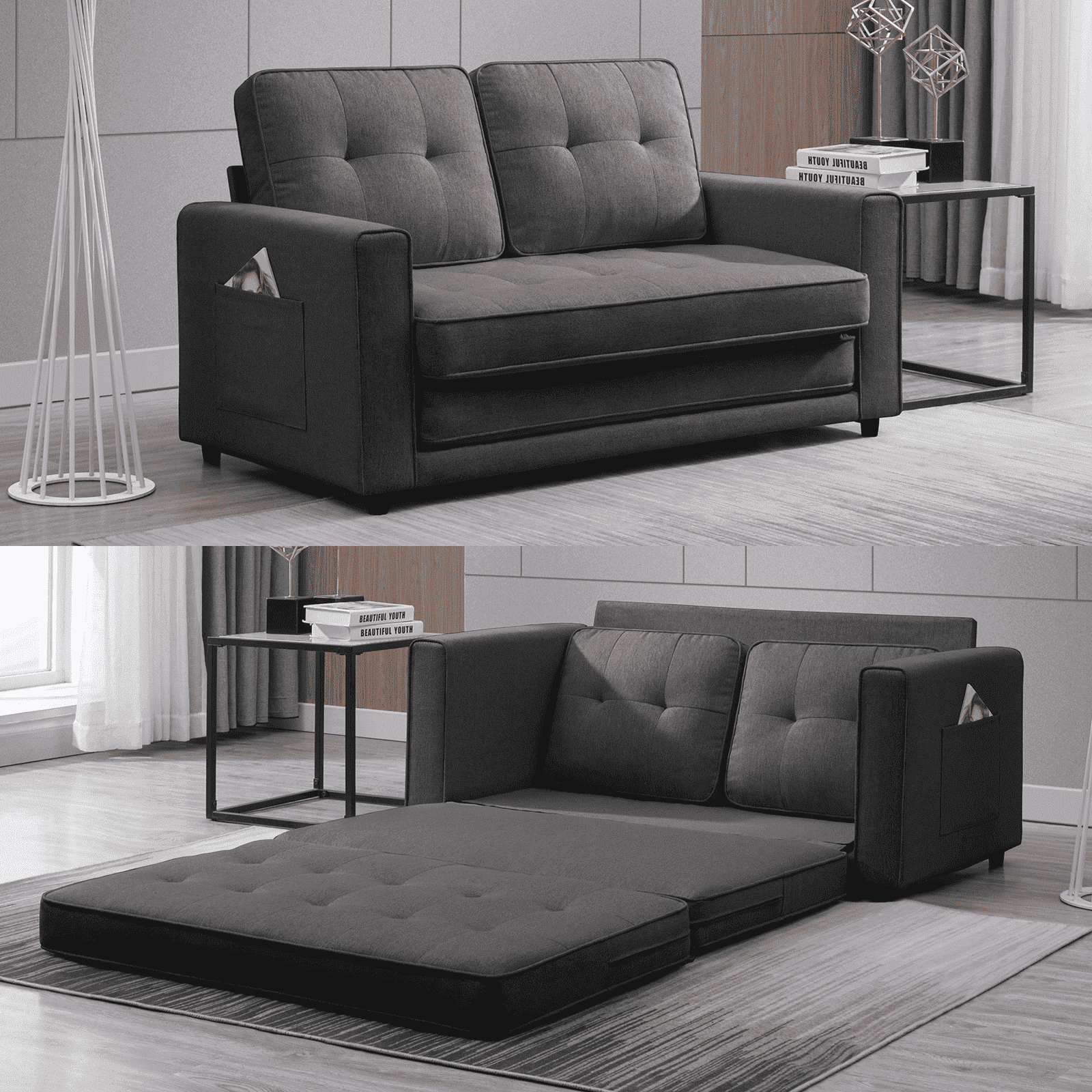 BALUS Loveseat Sleeper Sofa, 55.5"*84.5" Convertible Futon Sofa Bed with Pull out Couch, Folding couch bed,Linen, Light Grey