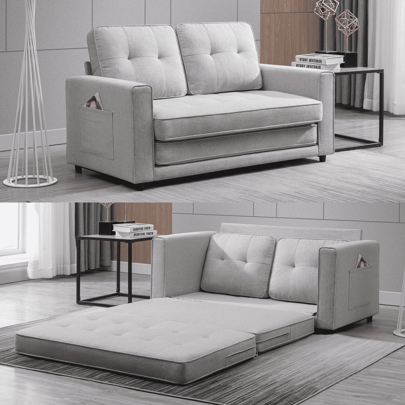 BALUS Loveseat Sleeper Sofa, 55.5"*84.5" Convertible Futon Sofa Bed with Pull out Couch, Folding couch bed,Linen, Light Grey