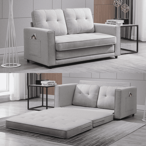 BALUS Loveseat Sleeper Sofa, 55.5"*84.5" Convertible Futon Sofa Bed with Pull out Couch, Folding couch bed,Linen, Light Grey