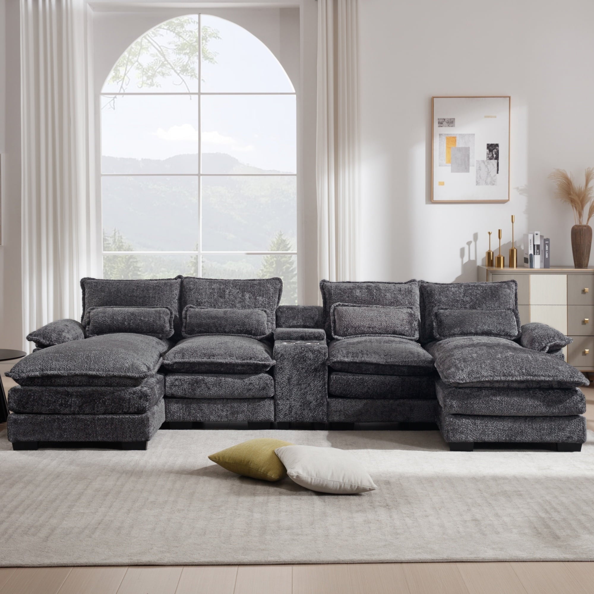 GNIXUU 124.8" U Shaped Cloud Couch with Chaise for Sleeper, Modern Sectional Couches for Living Room, Fluffy Chenille Couch with Console Plush Sofas for Apartment Dorm Office, Gray