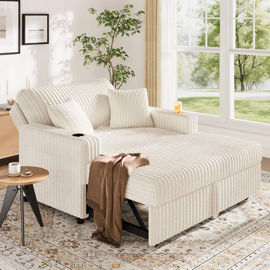 HONBAY Green 52” 3-in-1 Convertible Pull-Out Sofa Bed Sleeper Loveseat with Reclining Backrest, Built-in Cup Holders, Pet-Friendly Corduroy Sofa for Small Space