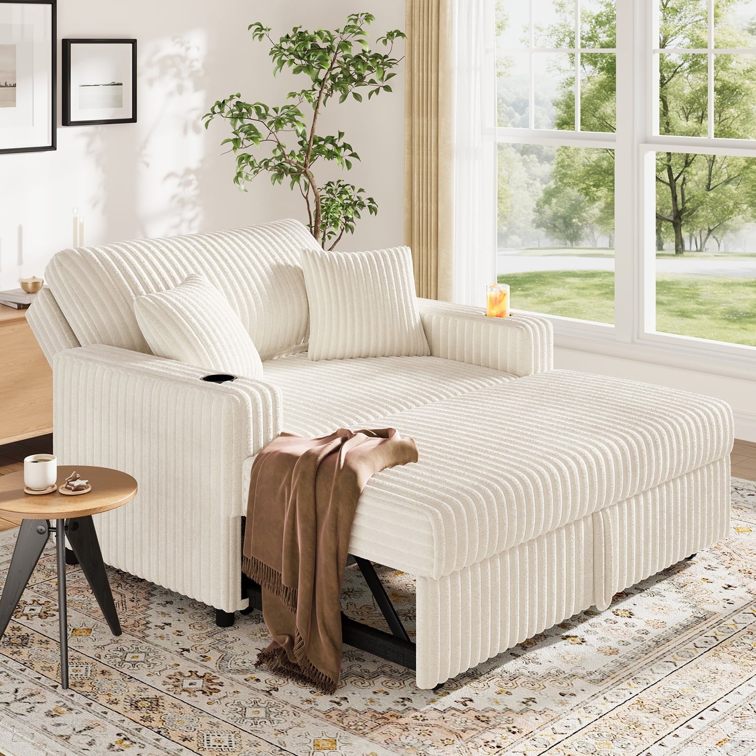 HONBAY Green 52” 3-in-1 Convertible Pull-Out Sofa Bed Sleeper Loveseat with Reclining Backrest, Built-in Cup Holders, Pet-Friendly Corduroy Sofa for Small Space