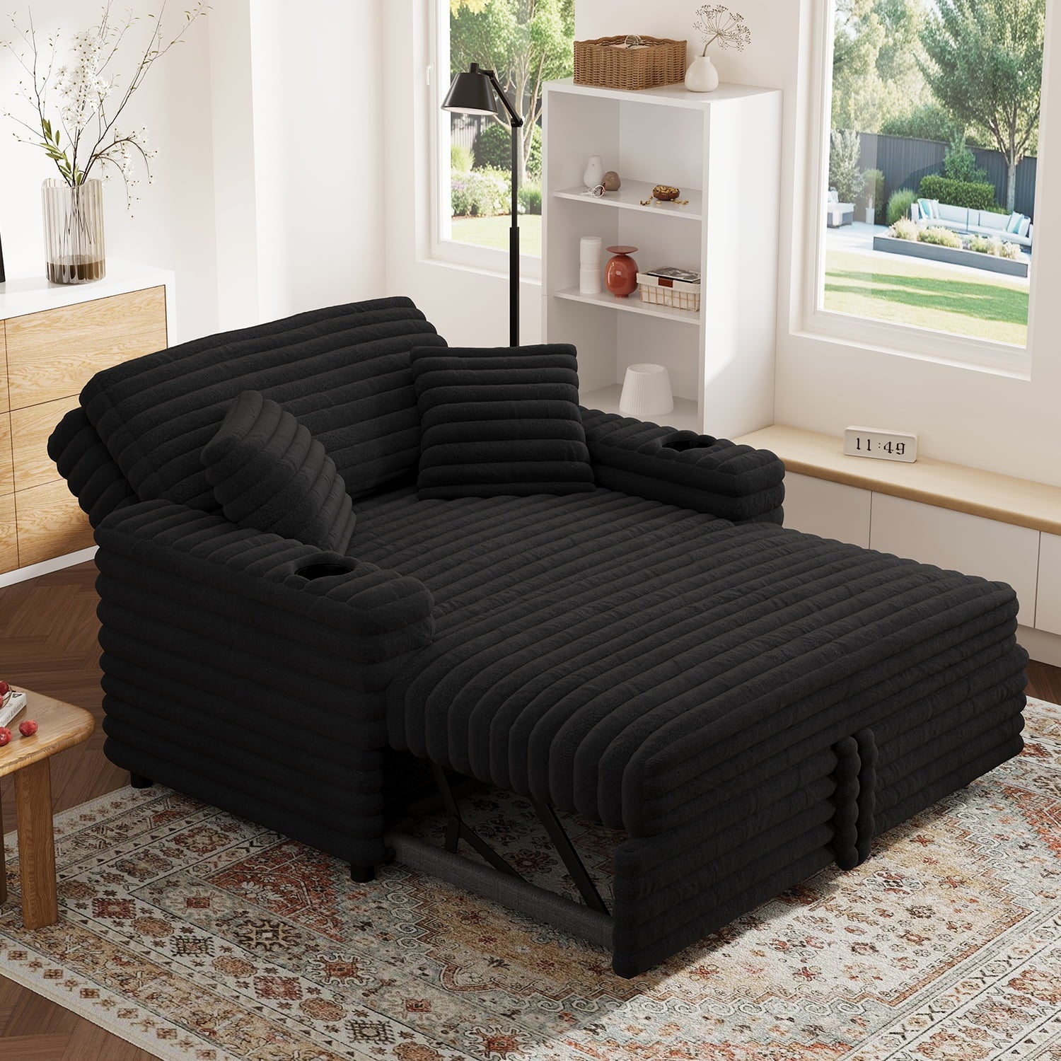 HONBAY Green 52” 3-in-1 Convertible Pull-Out Sofa Bed Sleeper Loveseat with Reclining Backrest, Built-in Cup Holders, Pet-Friendly Corduroy Sofa for Small Space