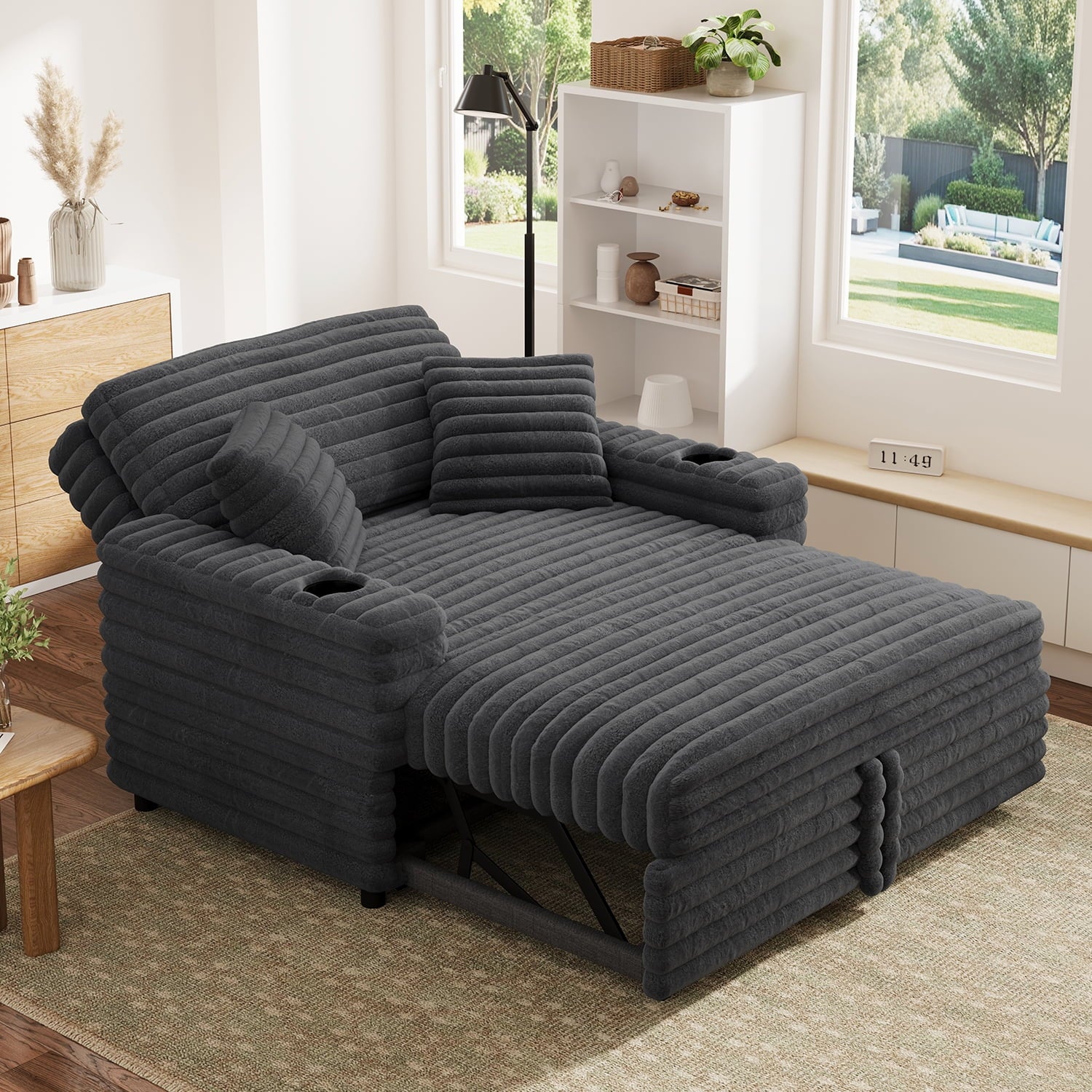 HONBAY Green 52” 3-in-1 Convertible Pull-Out Sofa Bed Sleeper Loveseat with Reclining Backrest, Built-in Cup Holders, Pet-Friendly Corduroy Sofa for Small Space