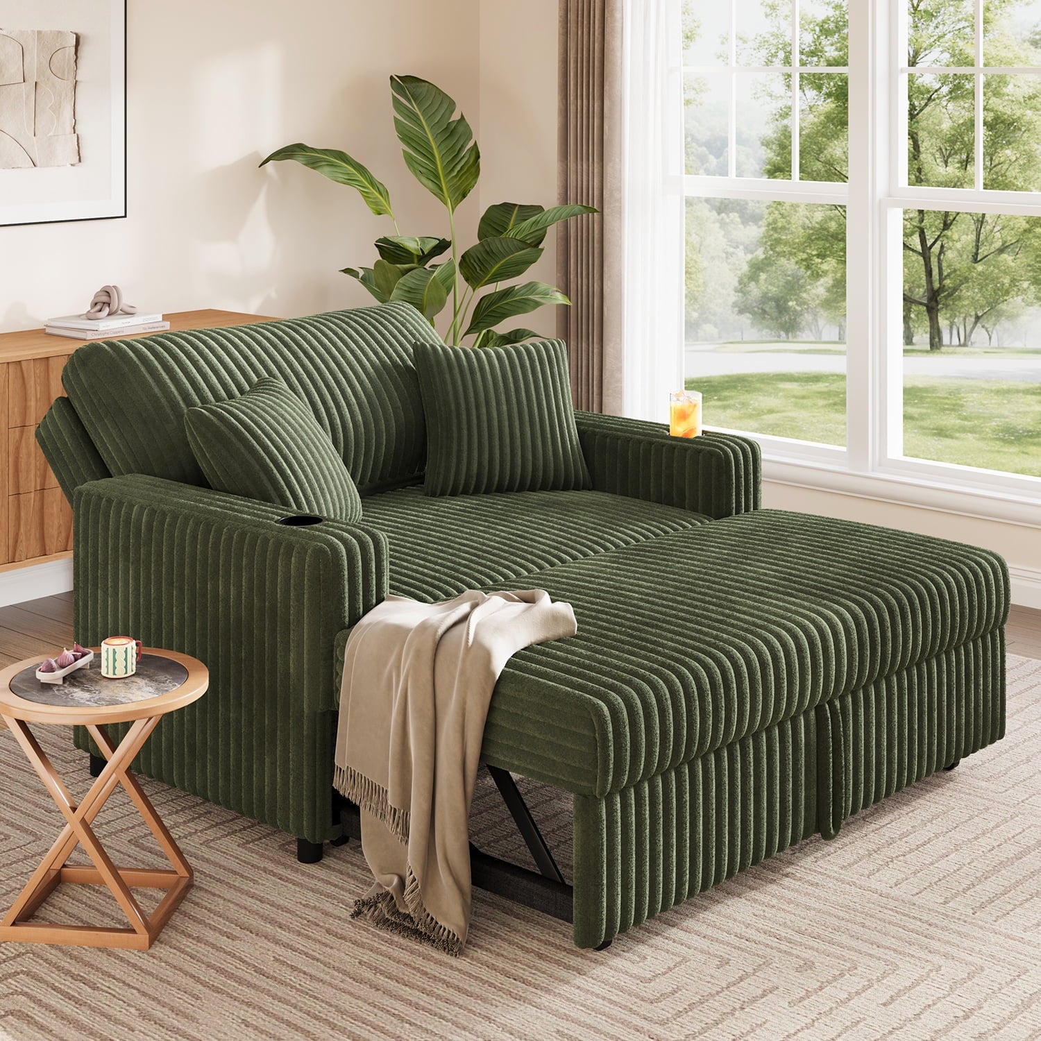 HONBAY Green 52” 3-in-1 Convertible Pull-Out Sofa Bed Sleeper Loveseat with Reclining Backrest, Built-in Cup Holders, Pet-Friendly Corduroy Sofa for Small Space