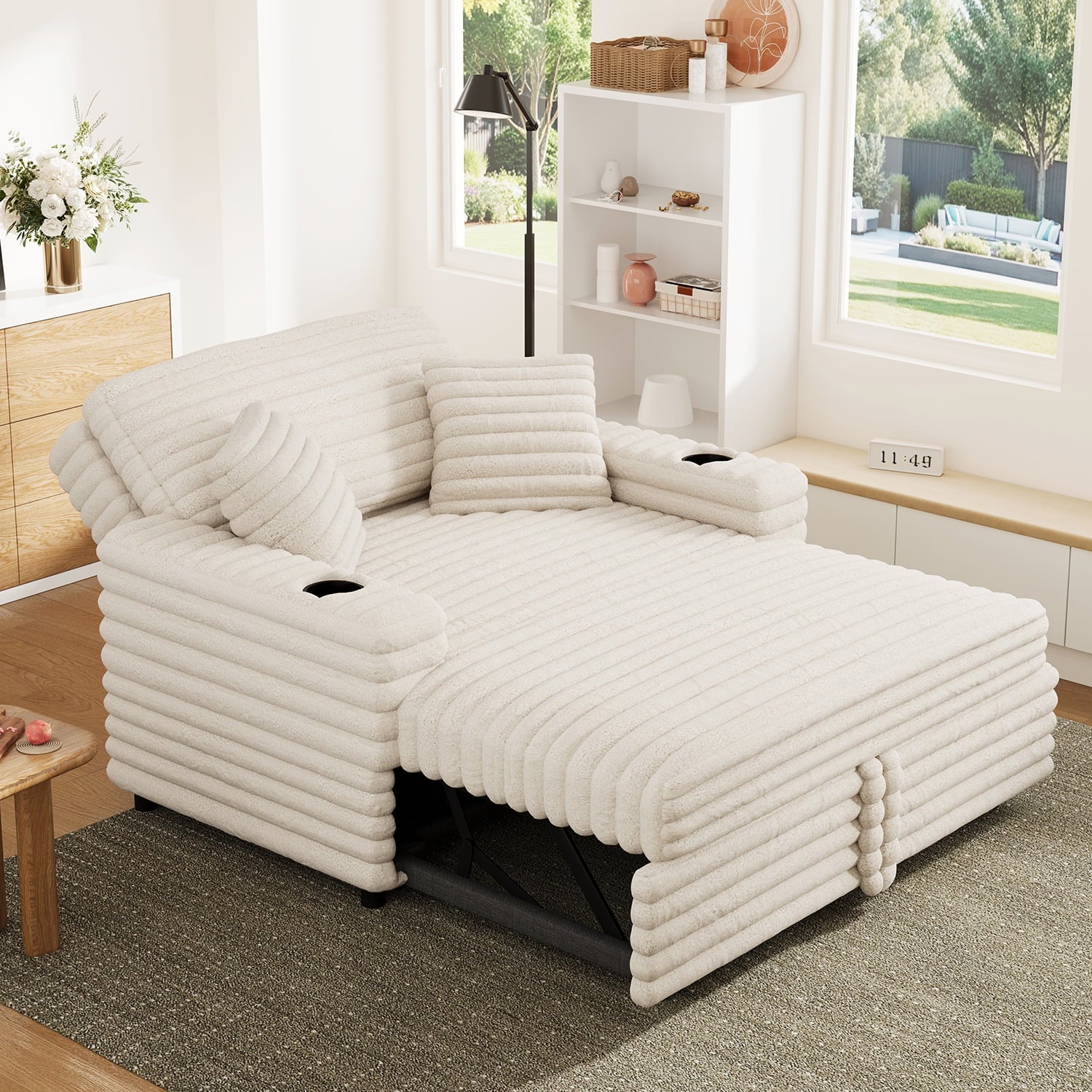 HONBAY Green 52” 3-in-1 Convertible Pull-Out Sofa Bed Sleeper Loveseat with Reclining Backrest, Built-in Cup Holders, Pet-Friendly Corduroy Sofa for Small Space