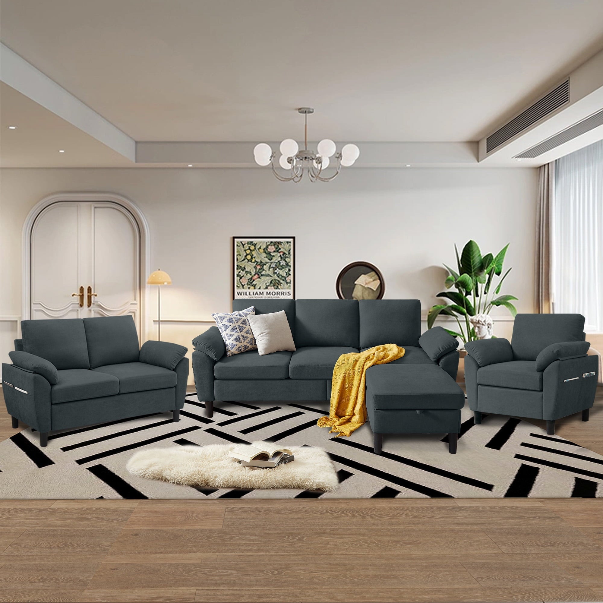 Jarenie 4 Piece Convertible Sectional Sofa Set, Modern Linen Small L Shaped Couch with Reversible Chaise, 3-Seater Sofa & Loveseat & Armchair for Living Room, Office, Apartment, Dark Grey