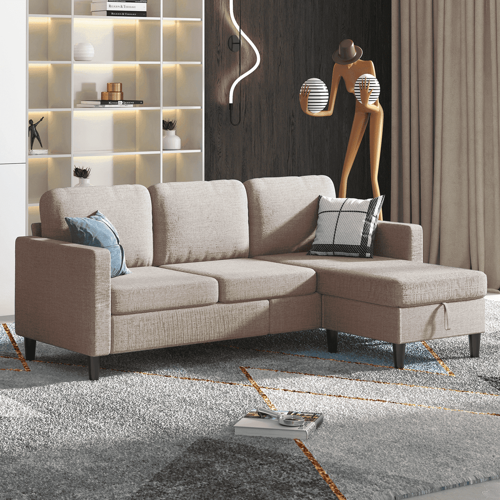 MUZZ Sectional Sofa with Movable Storage Ottoman, Small L-Shaped Sectional Couch for Living Room/Apartment/Small Space, Beige