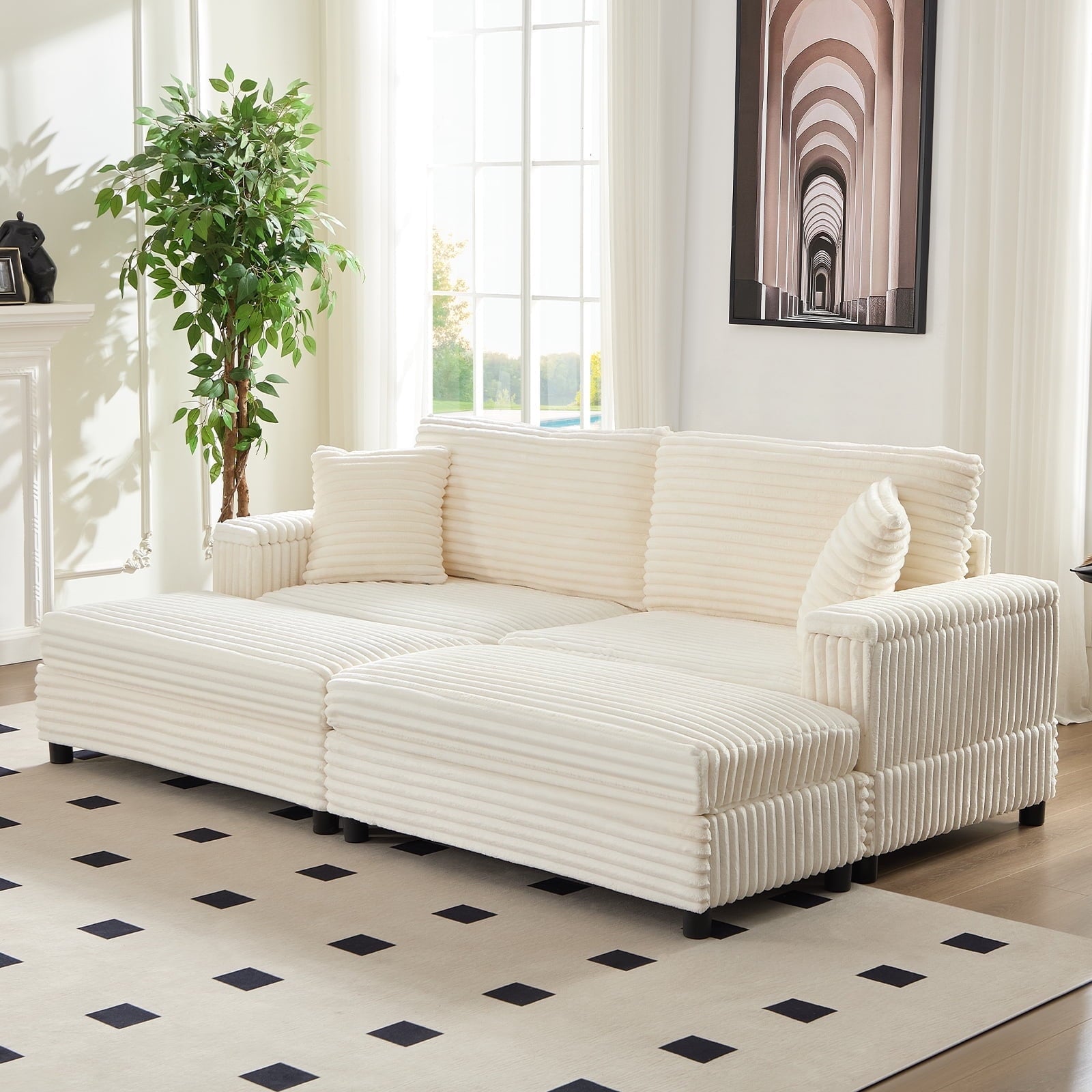 Mjkone 85’’ Loveseat Sectional Sofa with 2 Ottoman,Corduroy Deep Seat Couch with Storage Armrests Living Room Furniture,Beige